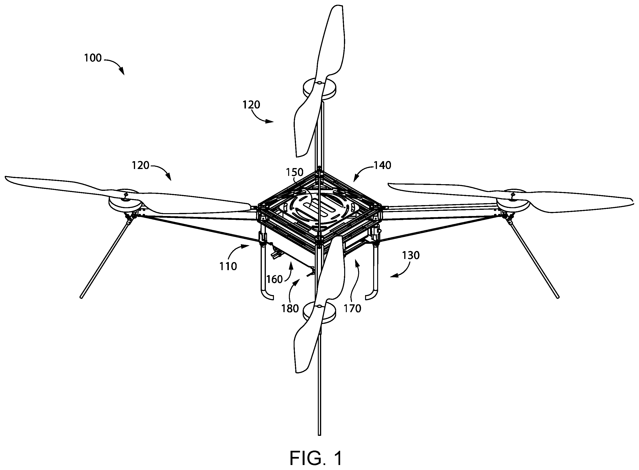 Patent US11787563 Figure 1 – Unmanned aerial vehicle including equipment mounted in recessed seat of apex support structure
