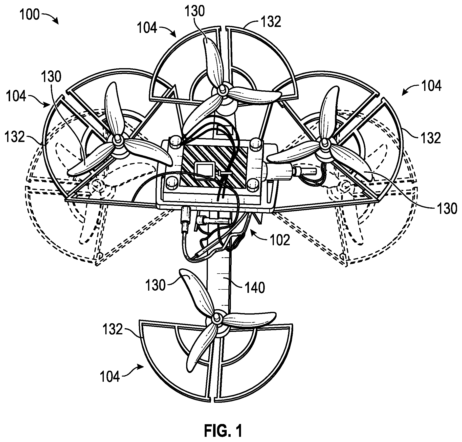 Patent US11787574 — Systems and methods for a spring-augmented quadrotor for interactions with constrained environments — Figure 1