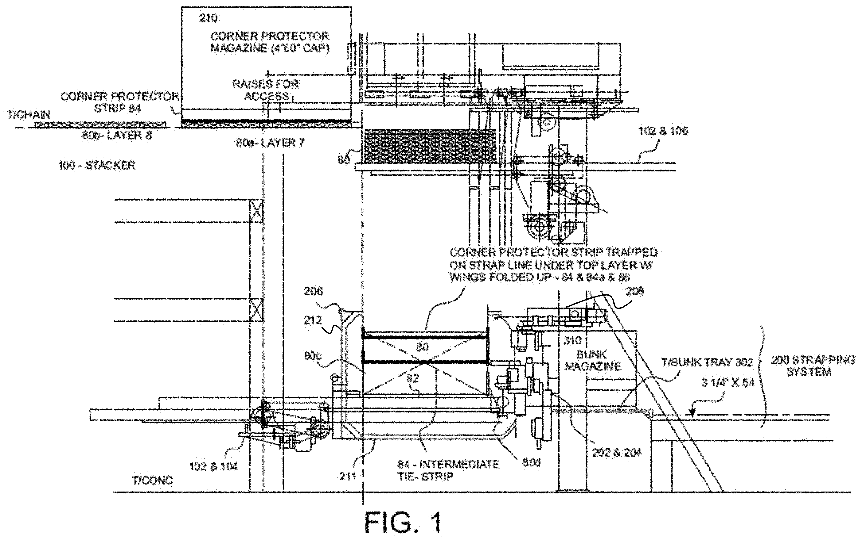 Patent US11787584 — Stacking and strapping system for lumber packages — Figure 1