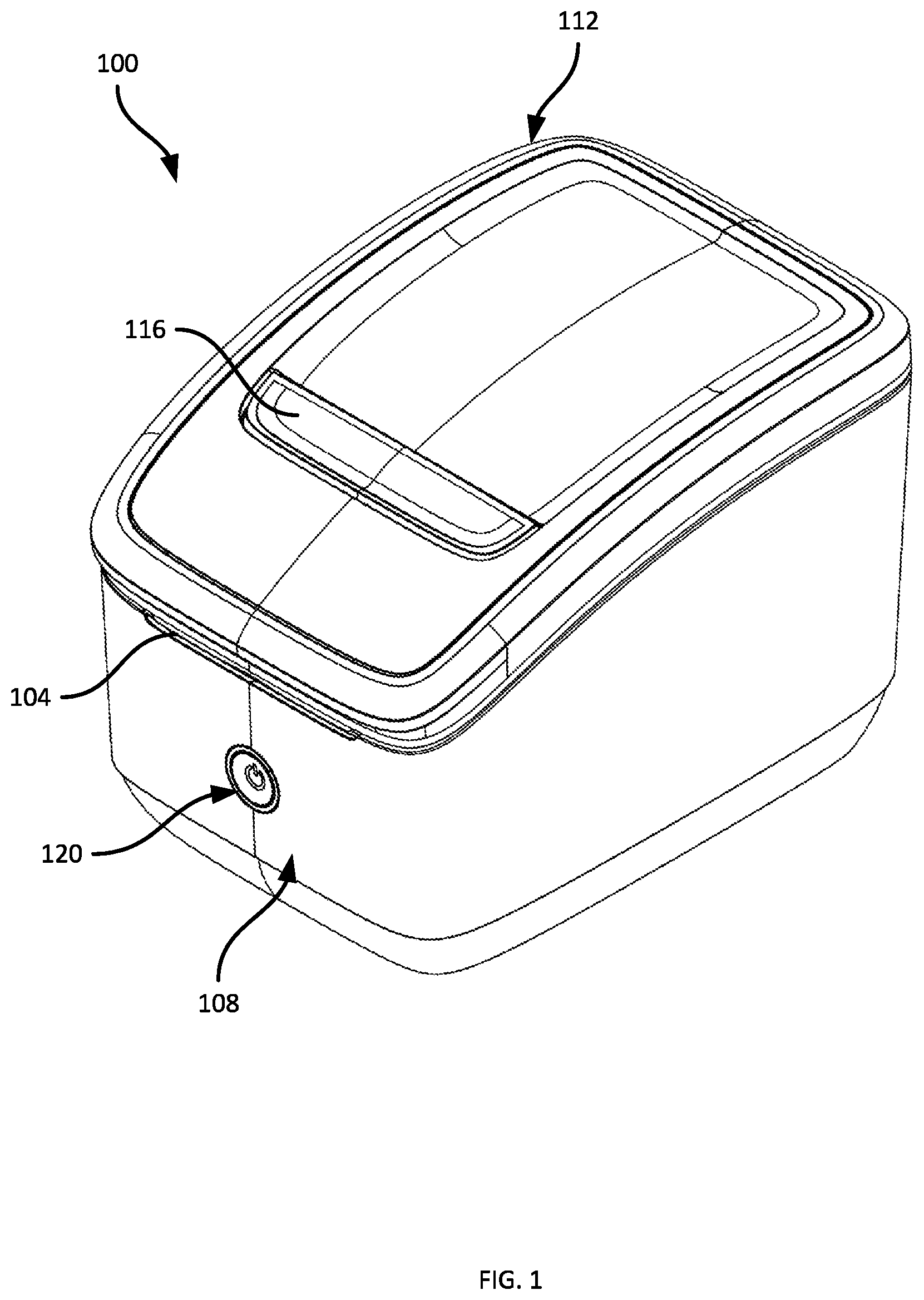 Patent US11787588 — Indicator assembly for media processing devices — Figure 1