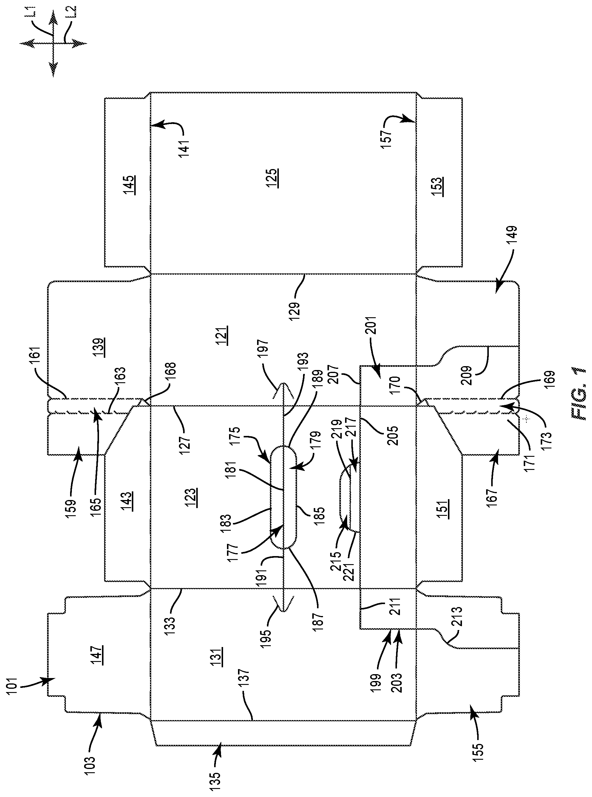 Patent US11787595 — Carton with attachment features — Figure 1