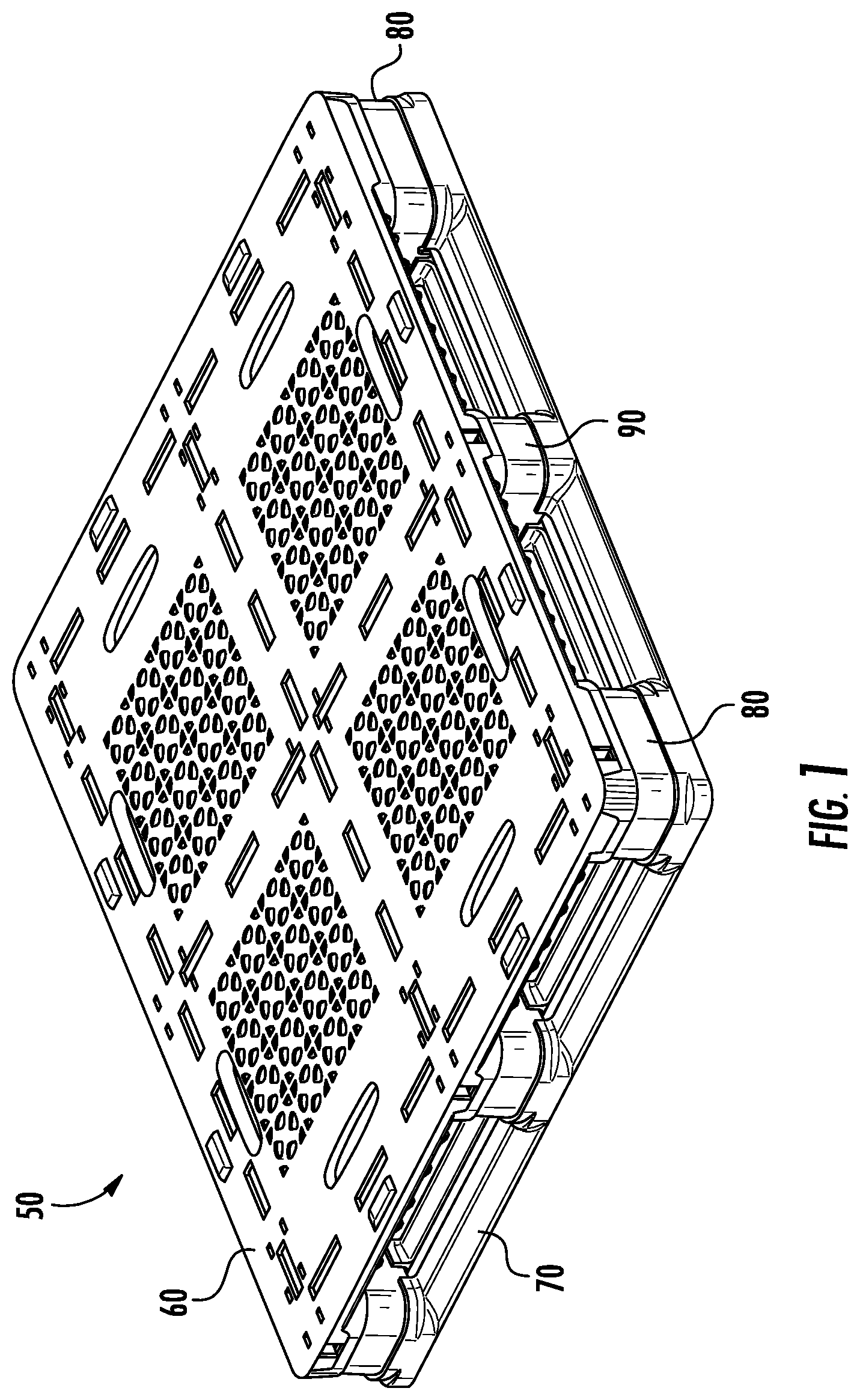 Patent US11787598 — Repairable plastic pallet with removable support blocks and associated methods — Figure 1