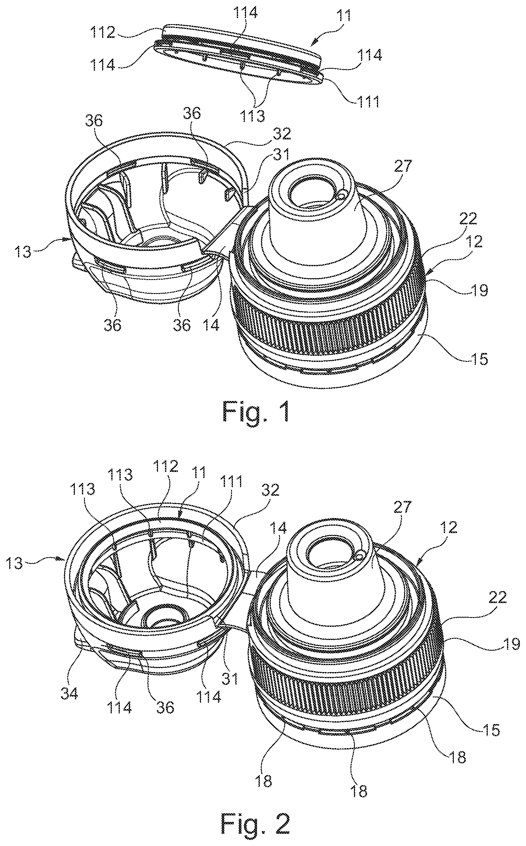 Patent US11787609 — Hinged flip-top cap with tamper-evident inner ring — Figure 1