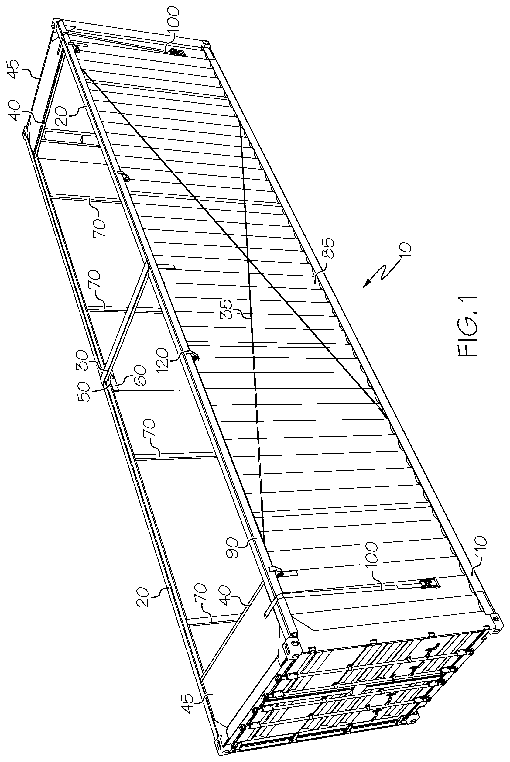 Patent US11787625 — Specialty intermodal container having a roll cover roof, method of use and manufacture — Figure 1