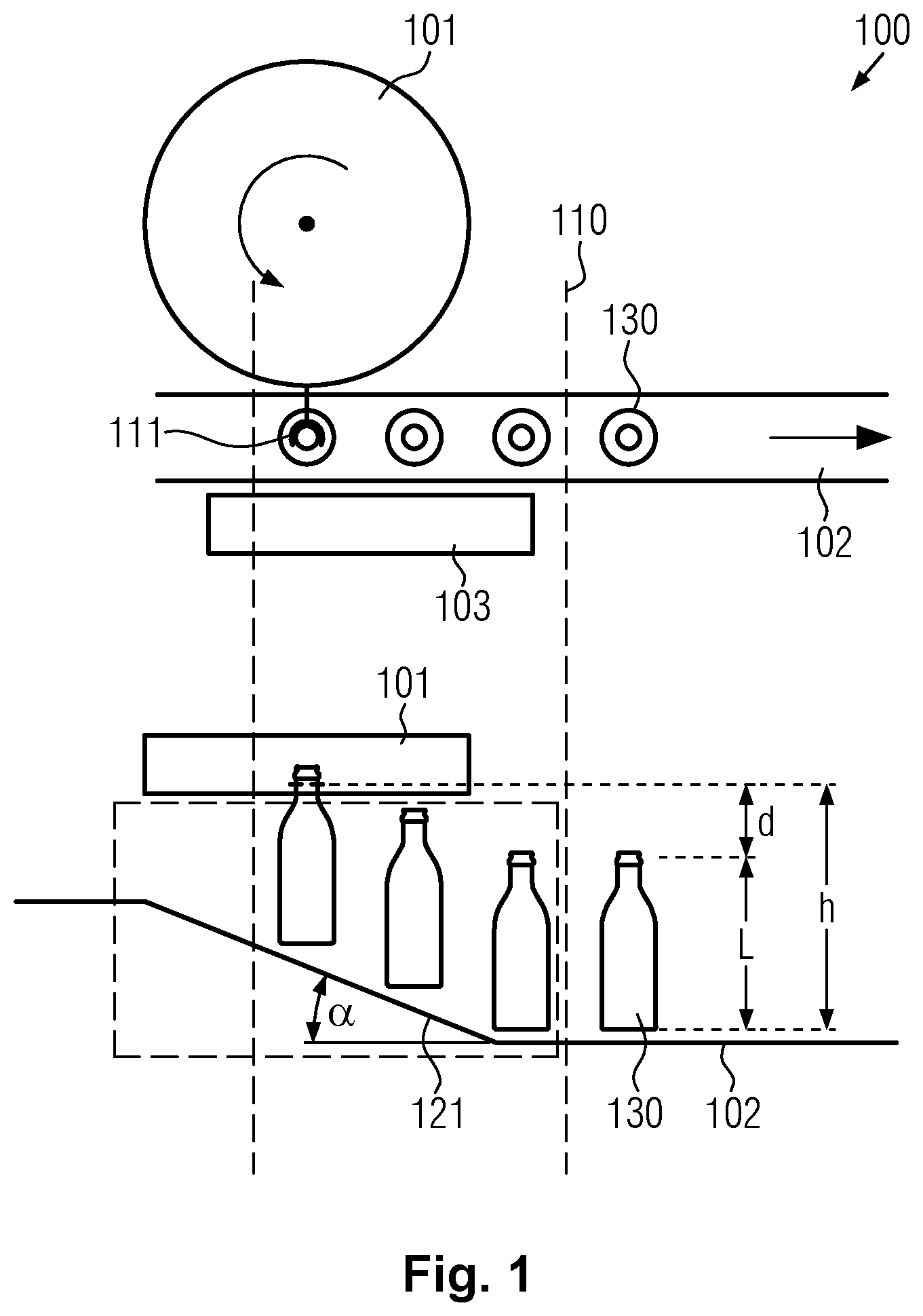 Patent US11787644 Figure 1 – Transporting installation for containers