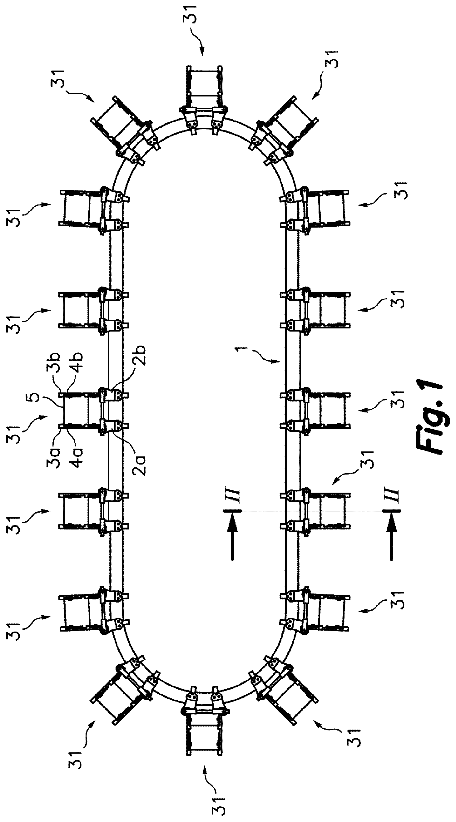 Patent US11787645 Figure 1 – Conveyor device for conveying flexible containers along a packaging line