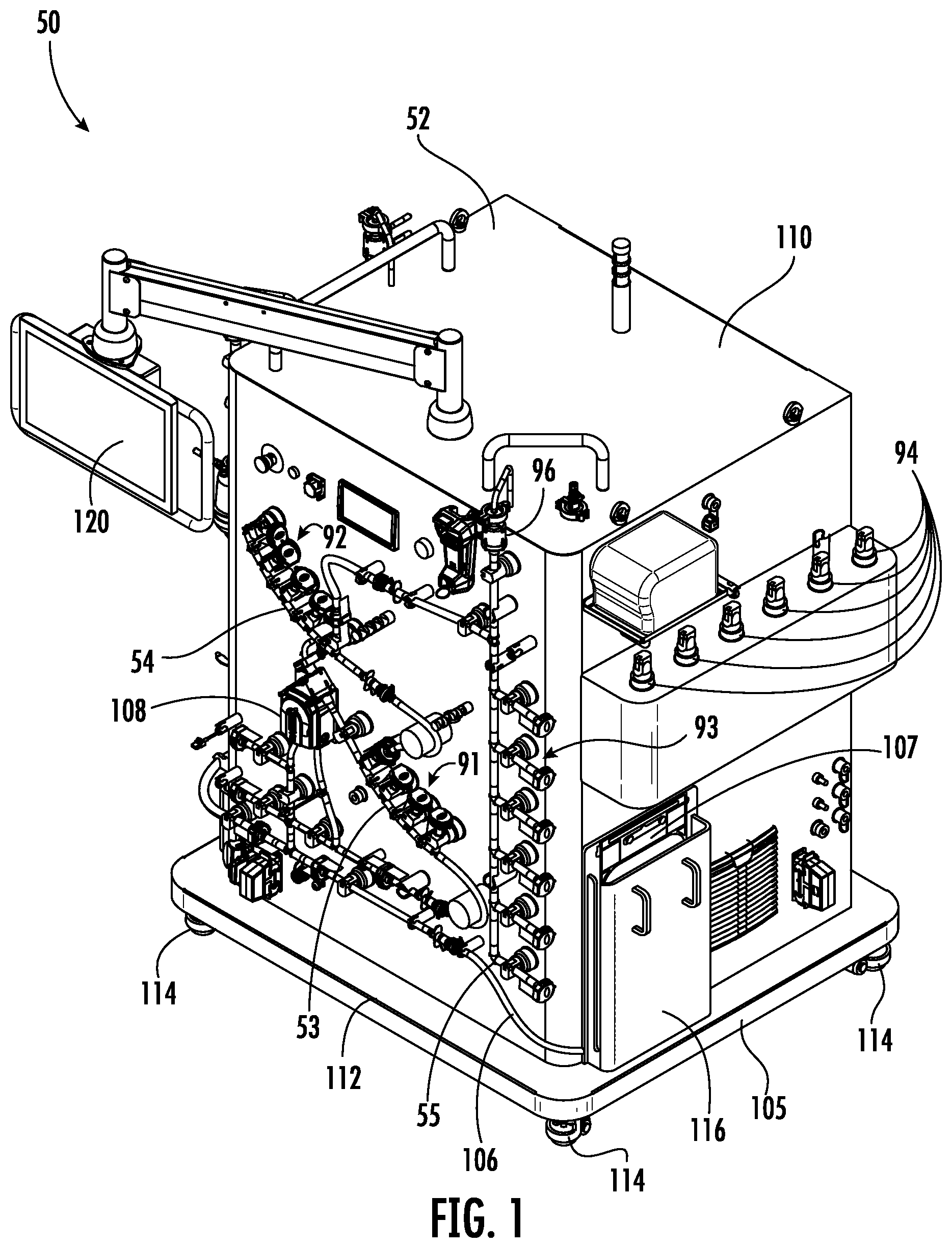 Patent US11787680 — Fluid distribution system with single use manifold fluid recovery assembly — Figure 1
