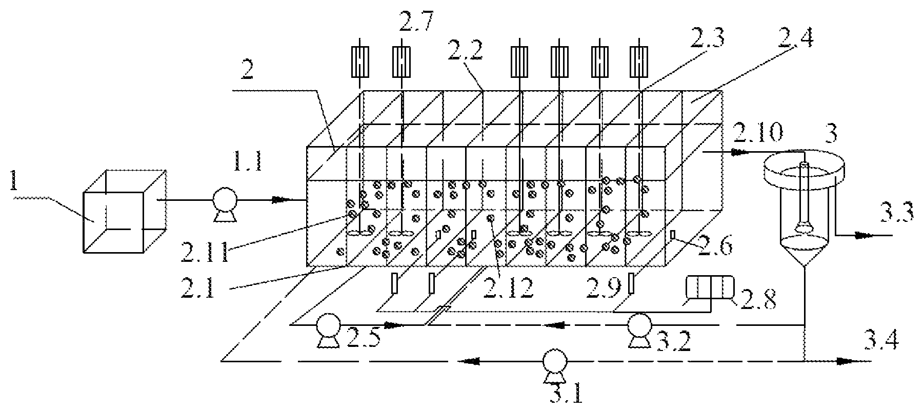 Patent US11787716 — Apparatus and method for advanced nitrogen and phosphorus removal of domestic sewage based on DEAMOX in AOAO process with sludge double-reflux — Figure 1