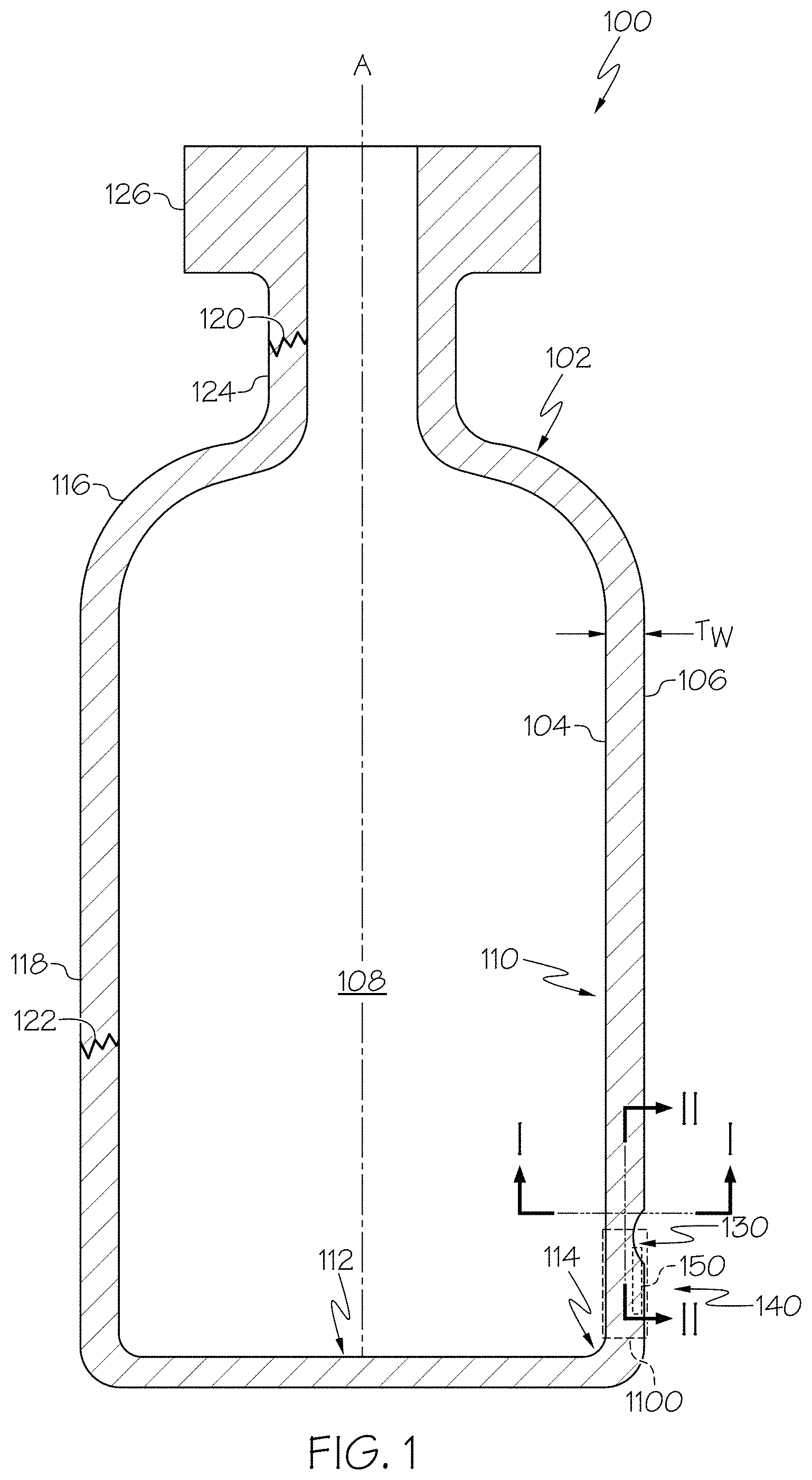 Patent US11787735 Figure 1 – Stress features for crack redirection and protection in glass containers