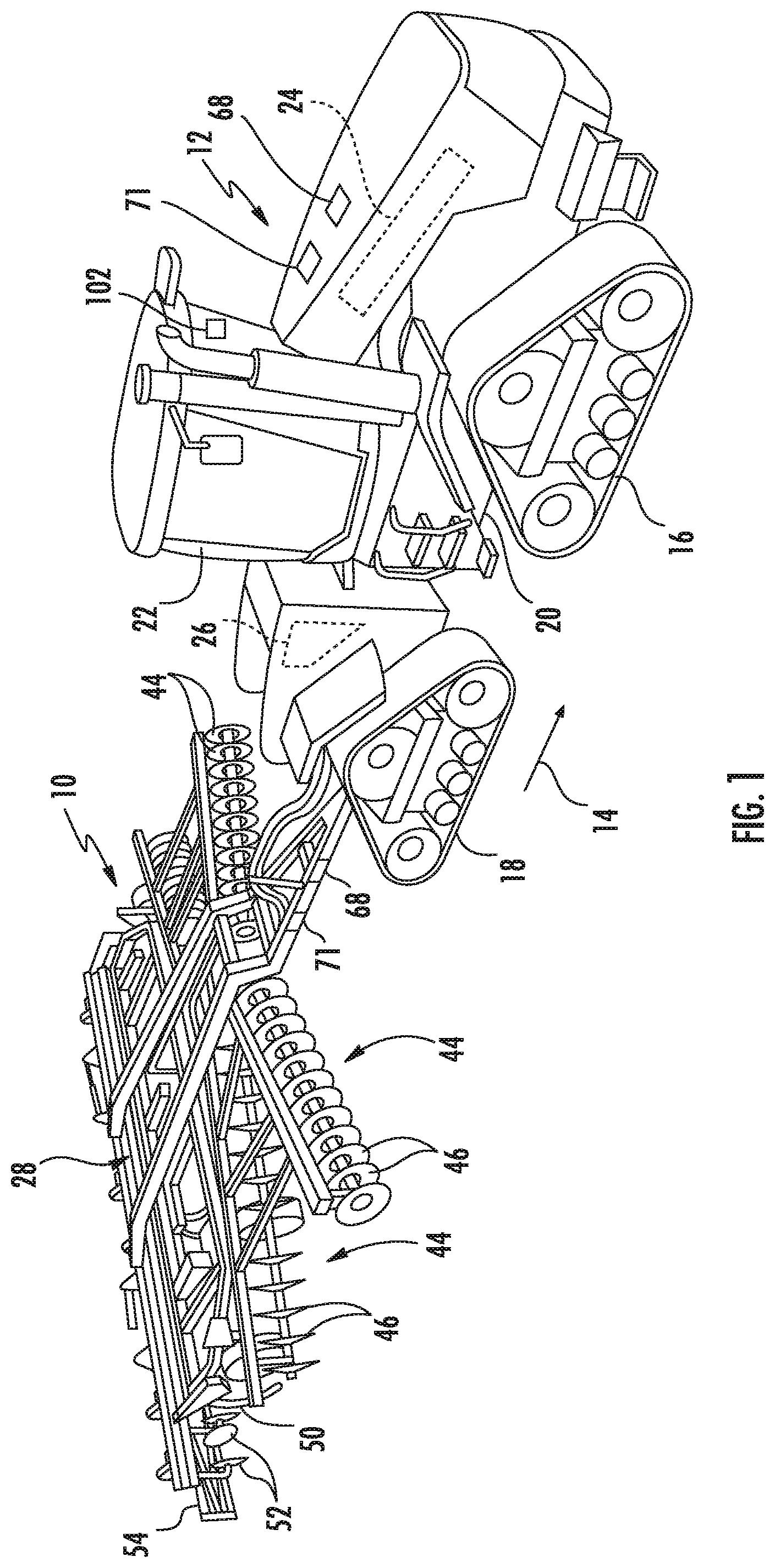 Patent US11793098 — System and method for detecting levelness of tools of a tillage implement based on material flow — Figure 1