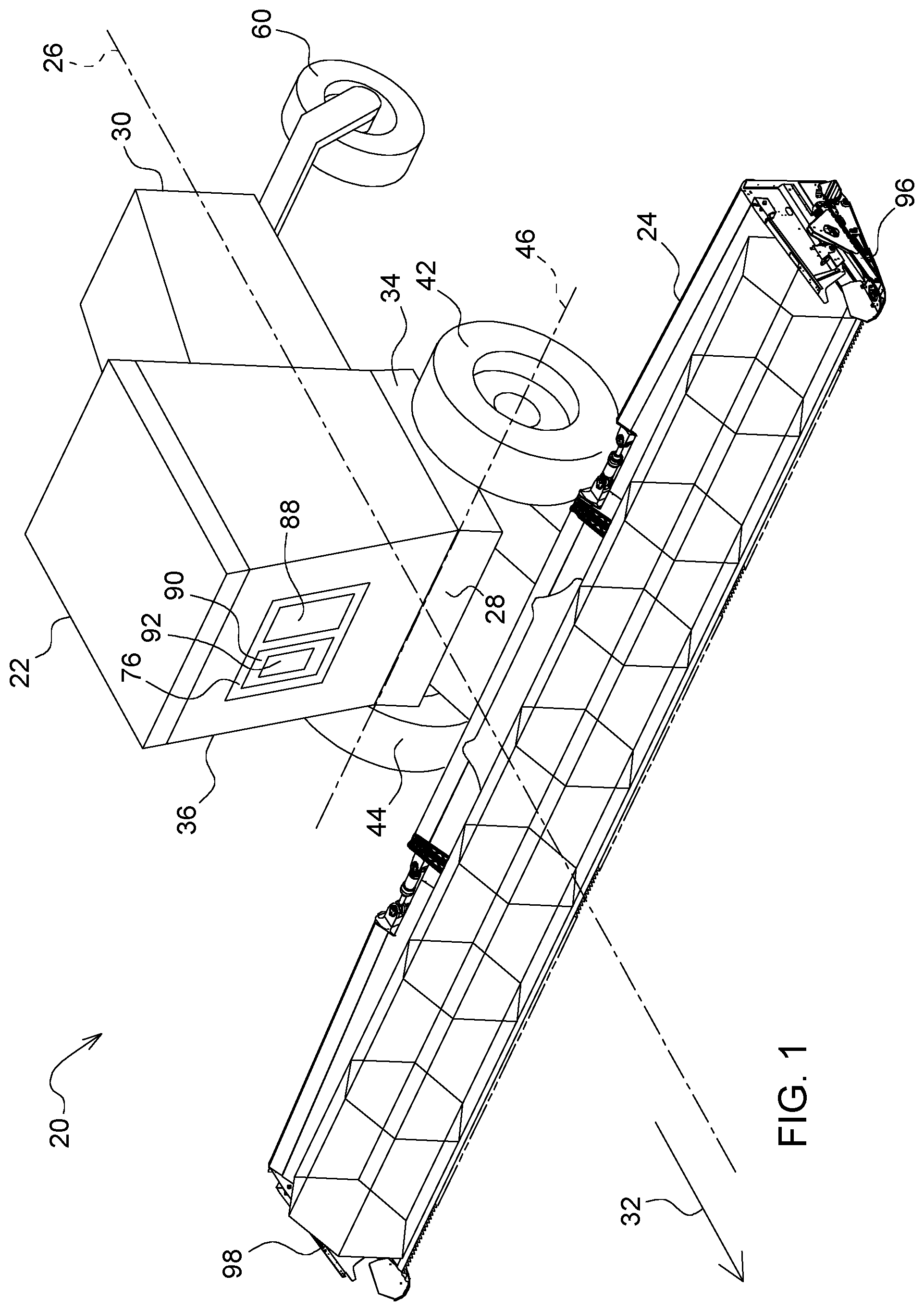 Patent US11793099 — Harvester implement steering control system to prevent over-running harvester head end during turn — Figure 1
