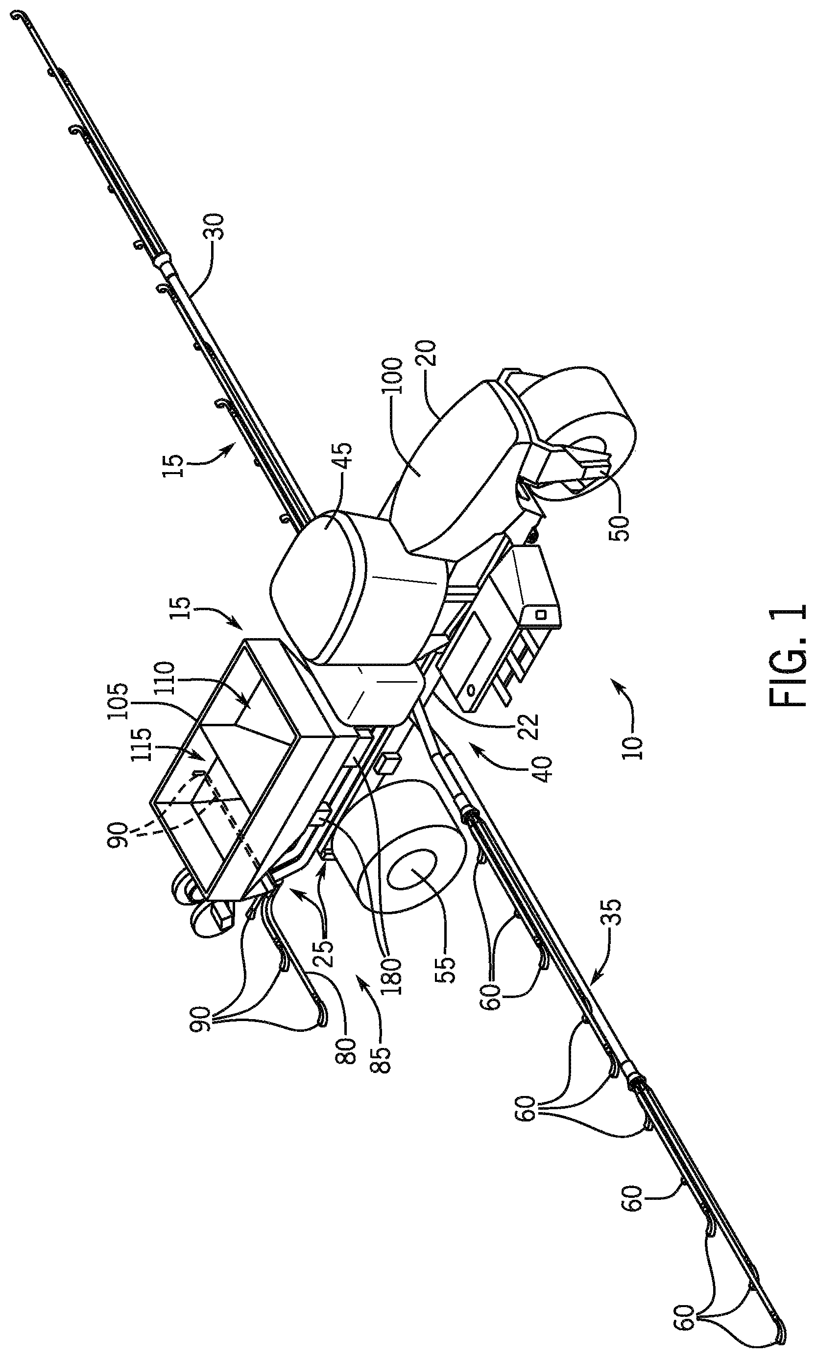 Patent US11793106 — Agricultural application implement with a liftable bin — Figure 1