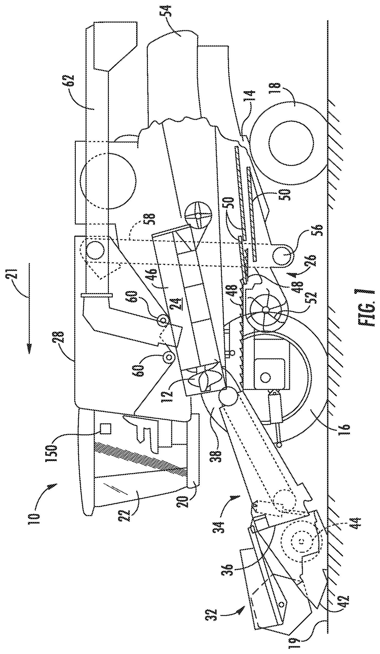 Patent US11793112 — System and method for sensing harvested crop levels utilizing a stowable sensor array — Figure 1