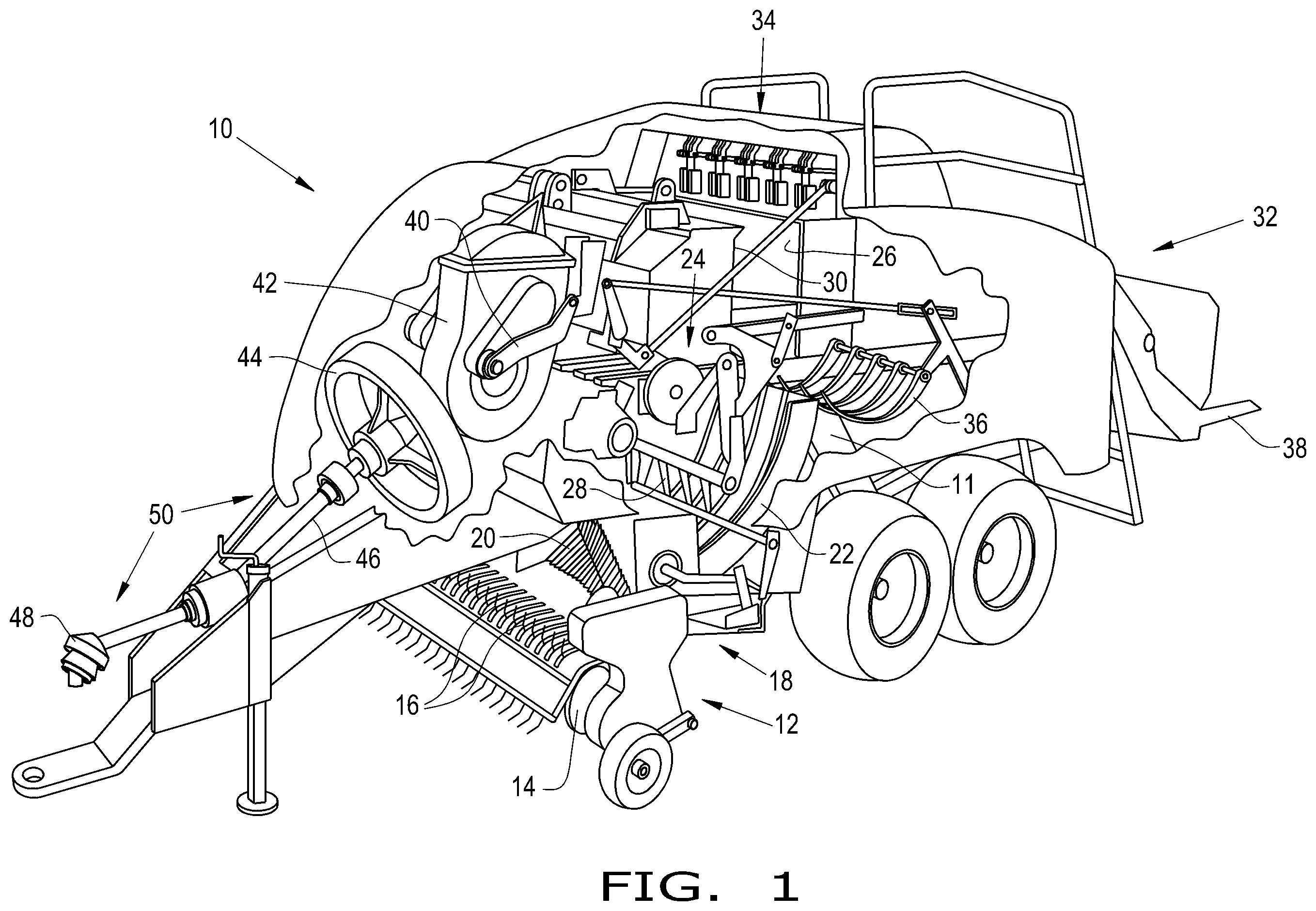 Patent US11793114 Figure 1 – Agricultural vehicle including a pickup with a tine guide