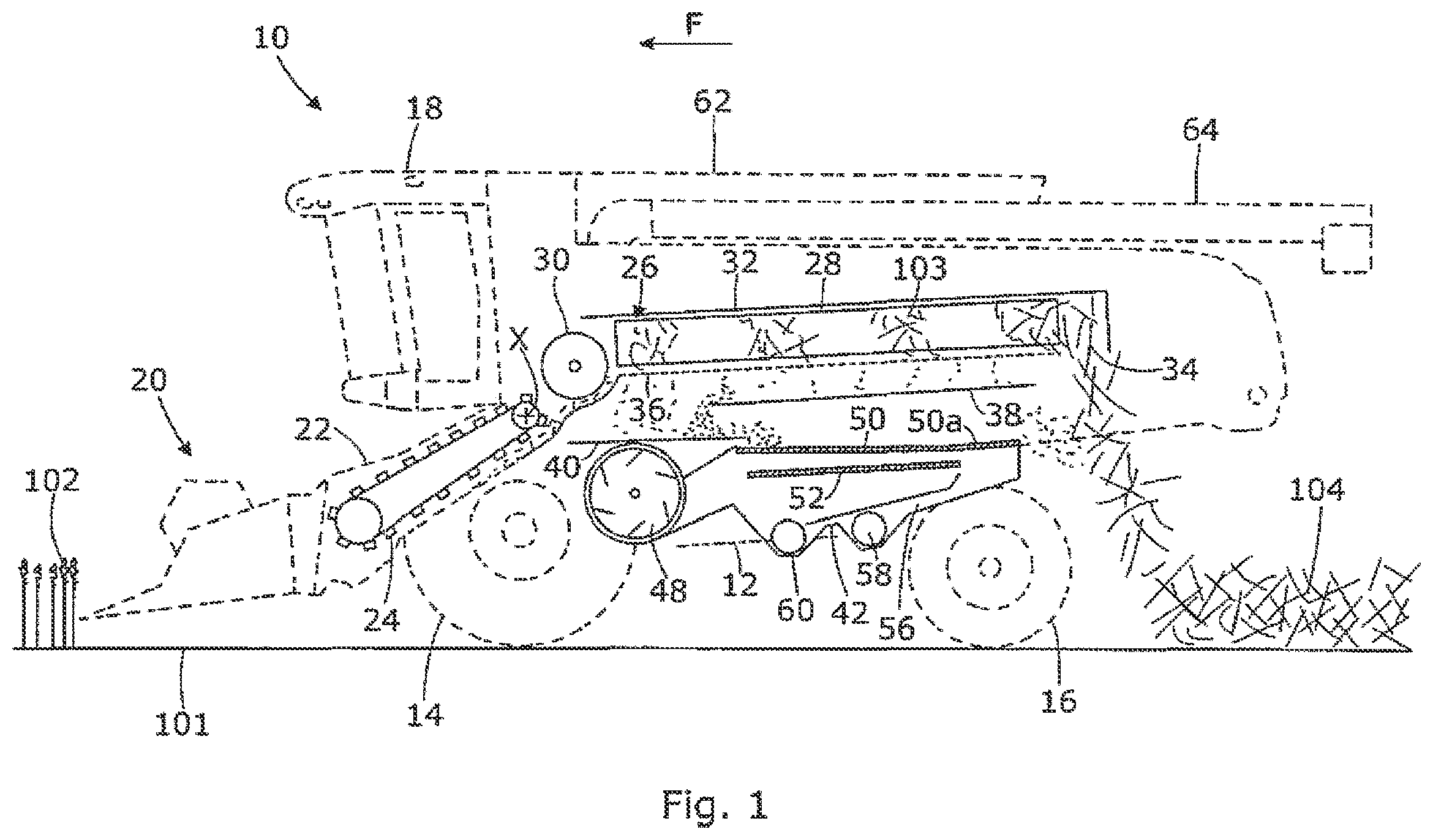 Patent US11793115 — Material conveyance system in a combine harvester — Figure 1