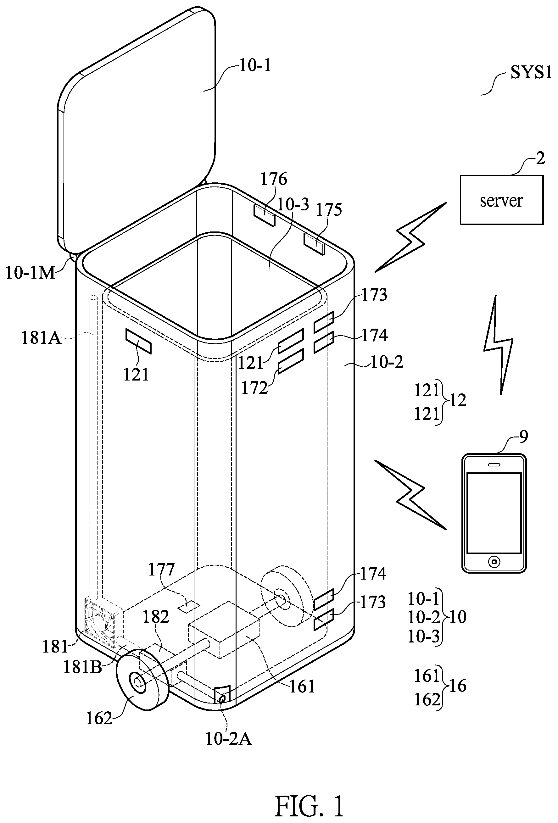 Patent US11793313 — Waste storage device and intelligent management system — Figure 1
