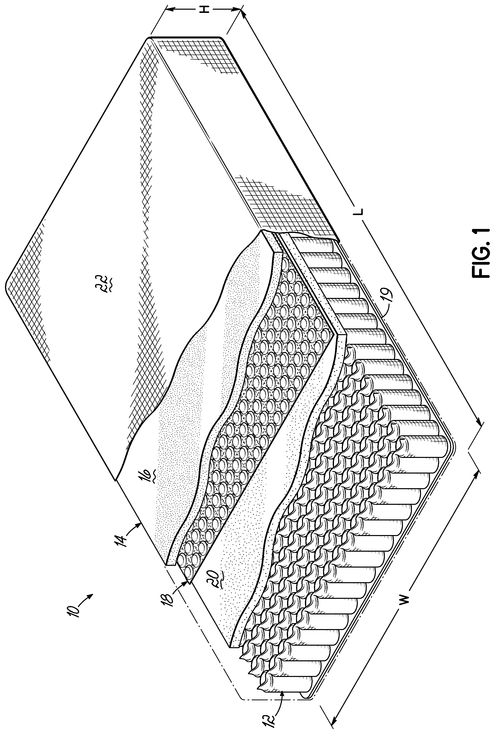 Patent US11793319 Figure 1 – Bedding or seating product having topper with at least one thermally enhanced foam component