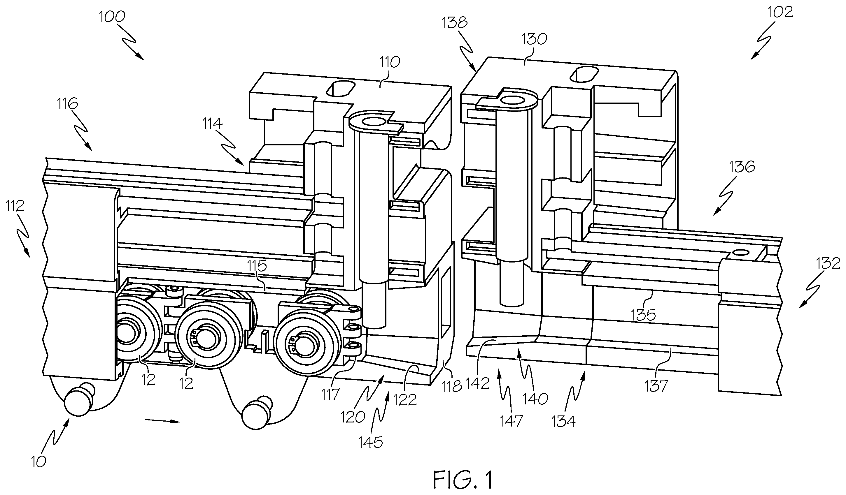 Patent US11793702 — Gates with transition ramps for overhead lifting rails — Figure 1