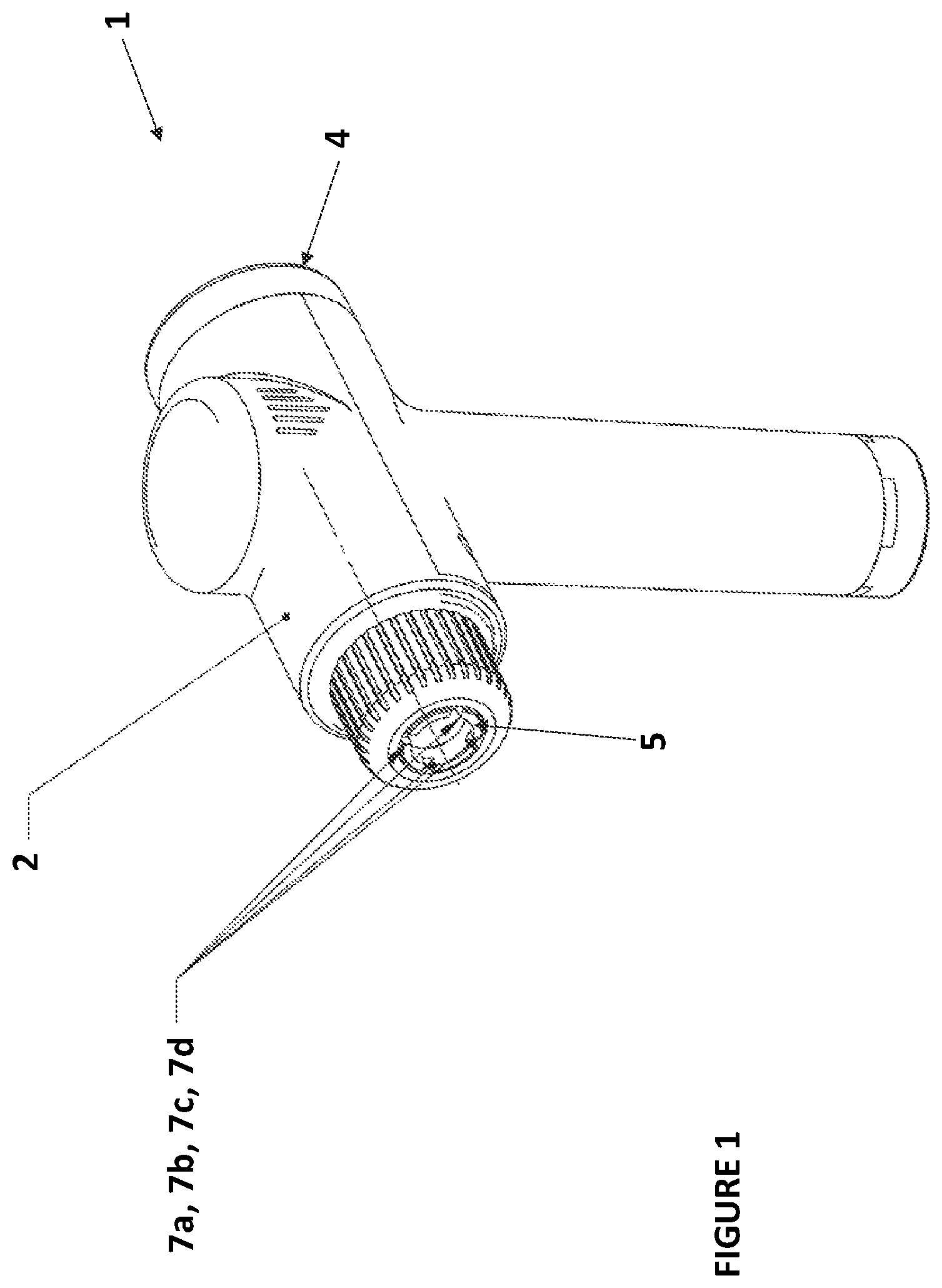 Patent US11793713 — Percussion massager having variable and selectable stroke length — Figure 1