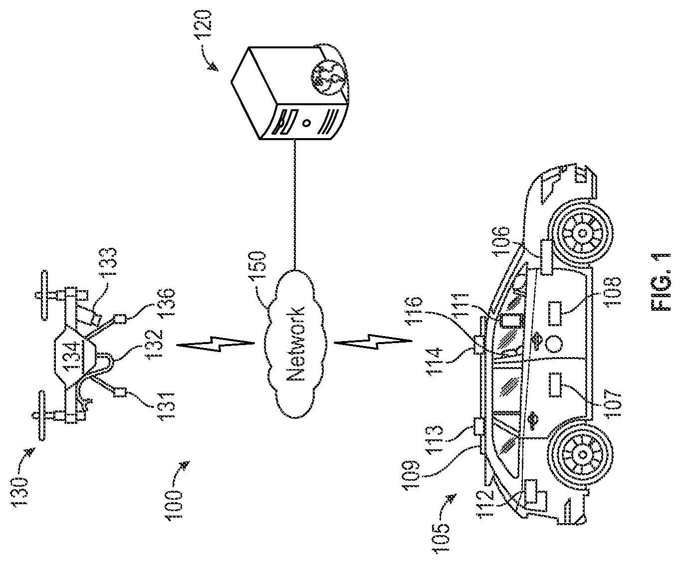 Patent US11793900 — Systems and methods to employ an unmanned aerial vehicle to sanitize a vehicle — Figure 1