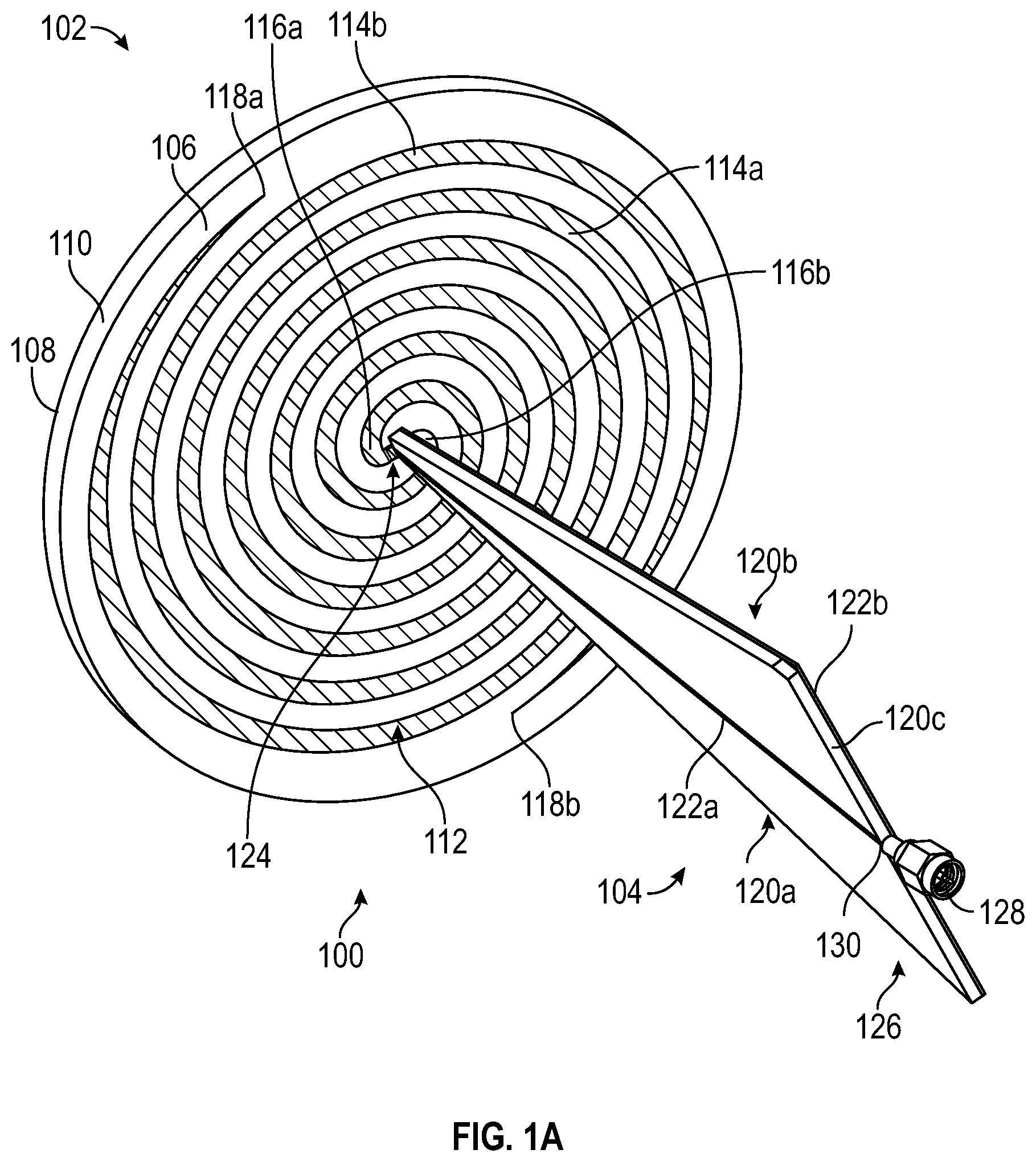 Patent US11799205 Figure 1 – Spiral antenna assembly with integrated feed network structure and method of manufacture