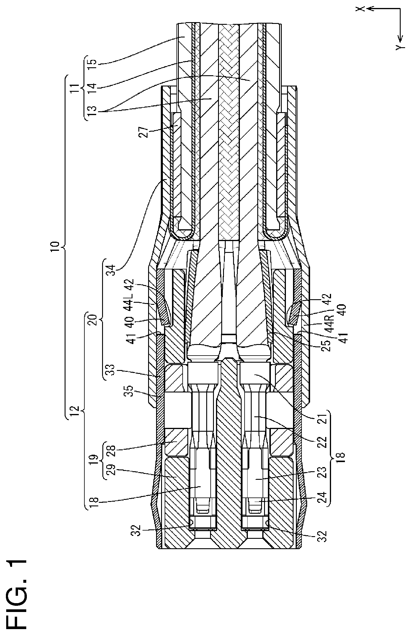 Patent US11799247 — Connector, and connector structure including inner conductor and outer conductor — Figure 1