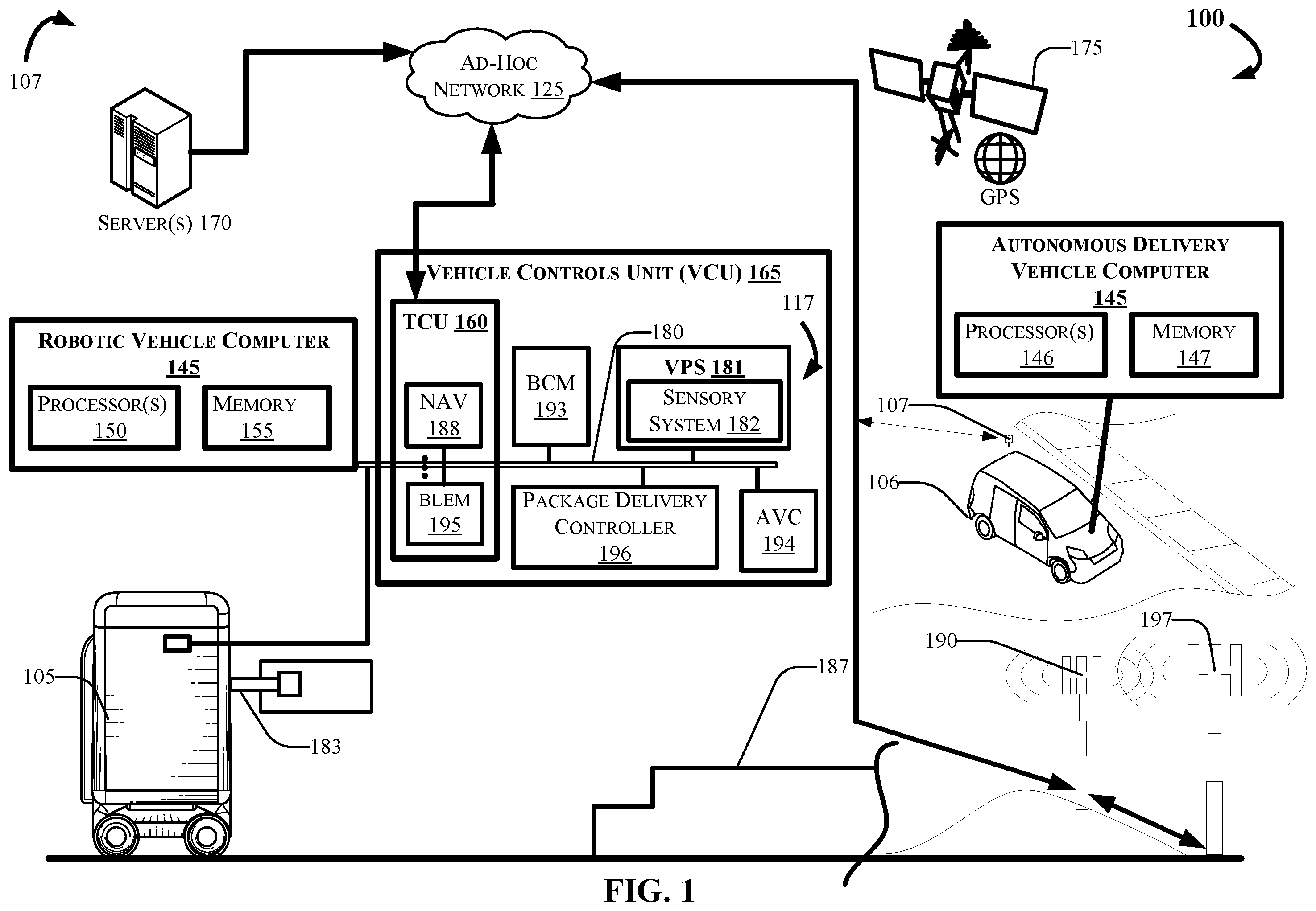 Patent US11810050 — Robotic package delivery with ad-hoc network fusion localization — Figure 1