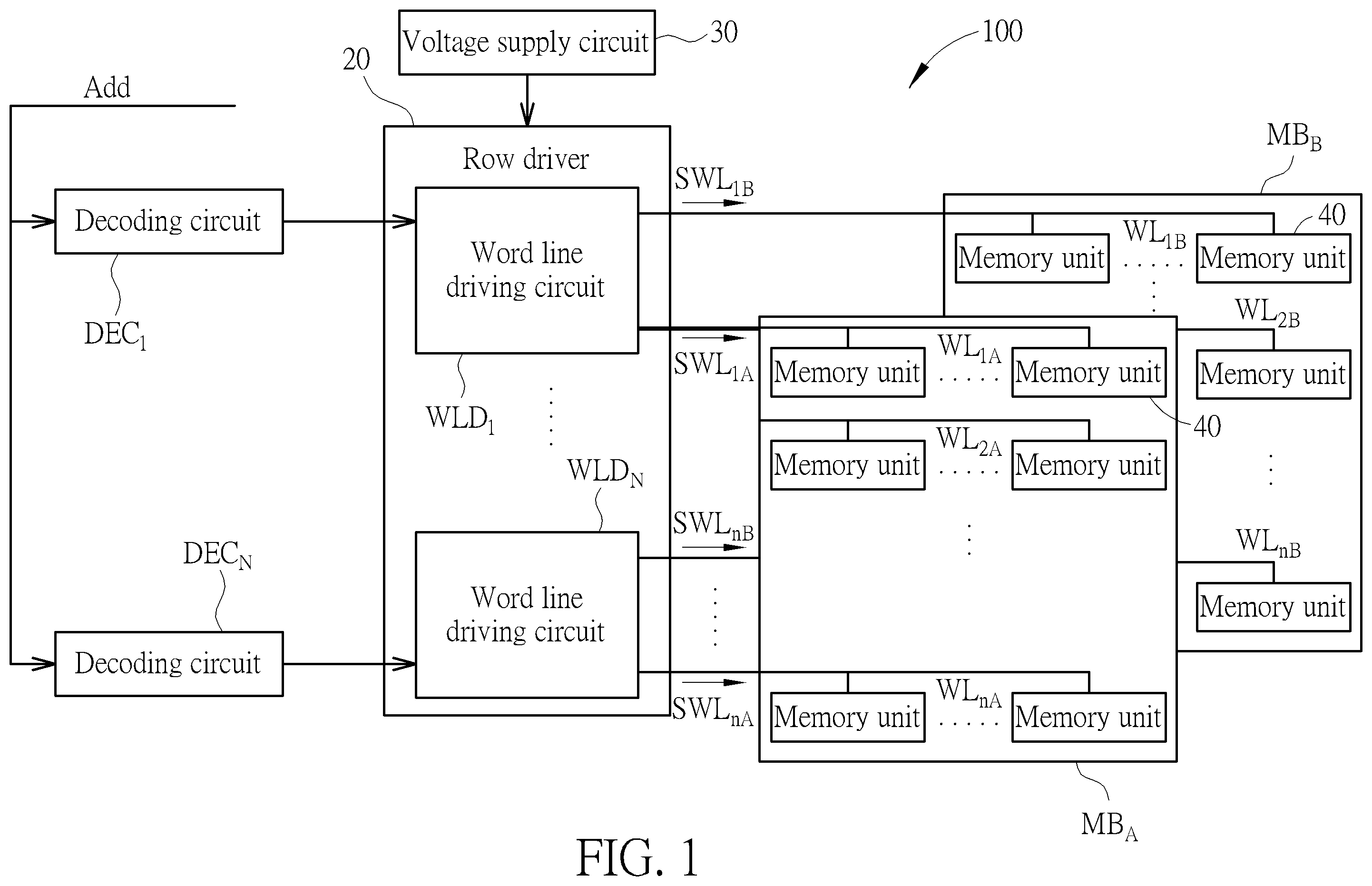 Patent US11810643 — Word line driving circuit with high access efficiency — Figure 1