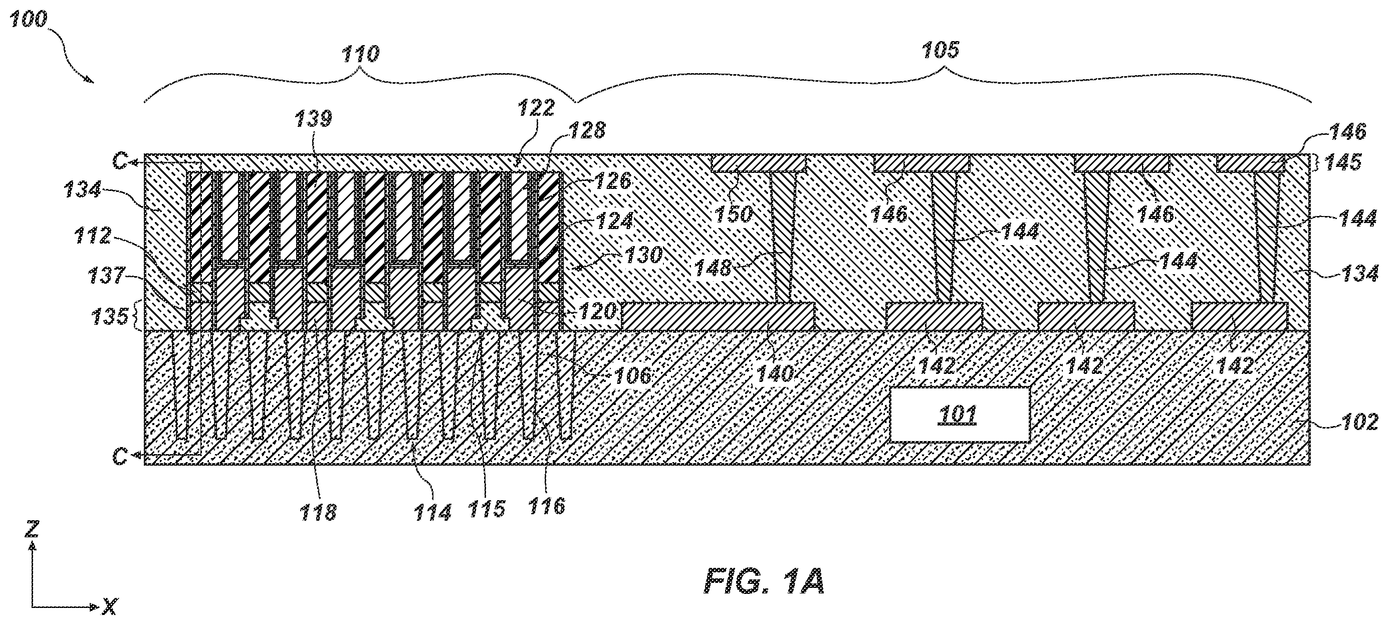 Patent US11810838 — Microelectronic devices, and related electronic systems and methods of forming microelectronic devices — Figure 1