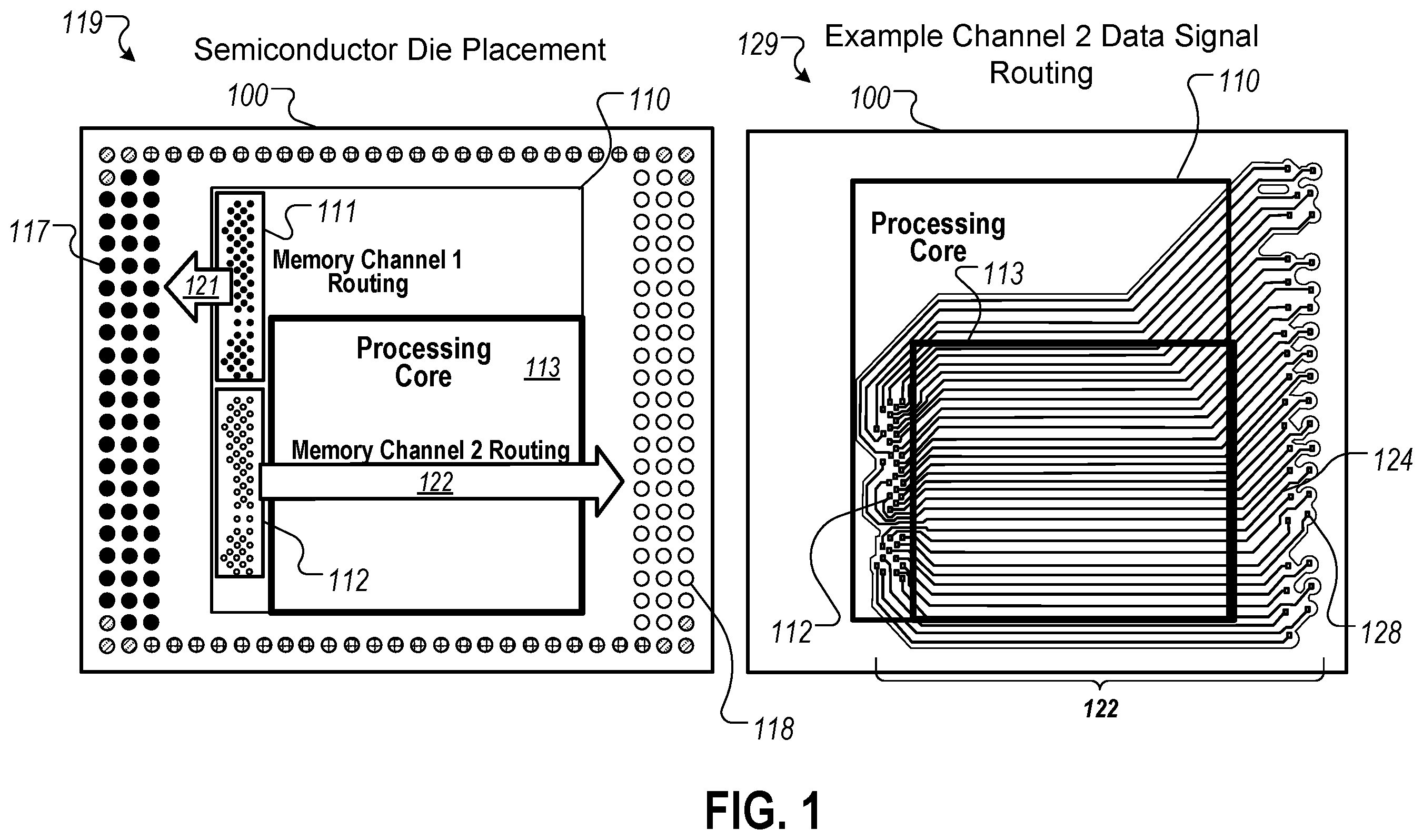Patent US11810850 — Signal routing in integrated circuit packaging — Figure 1