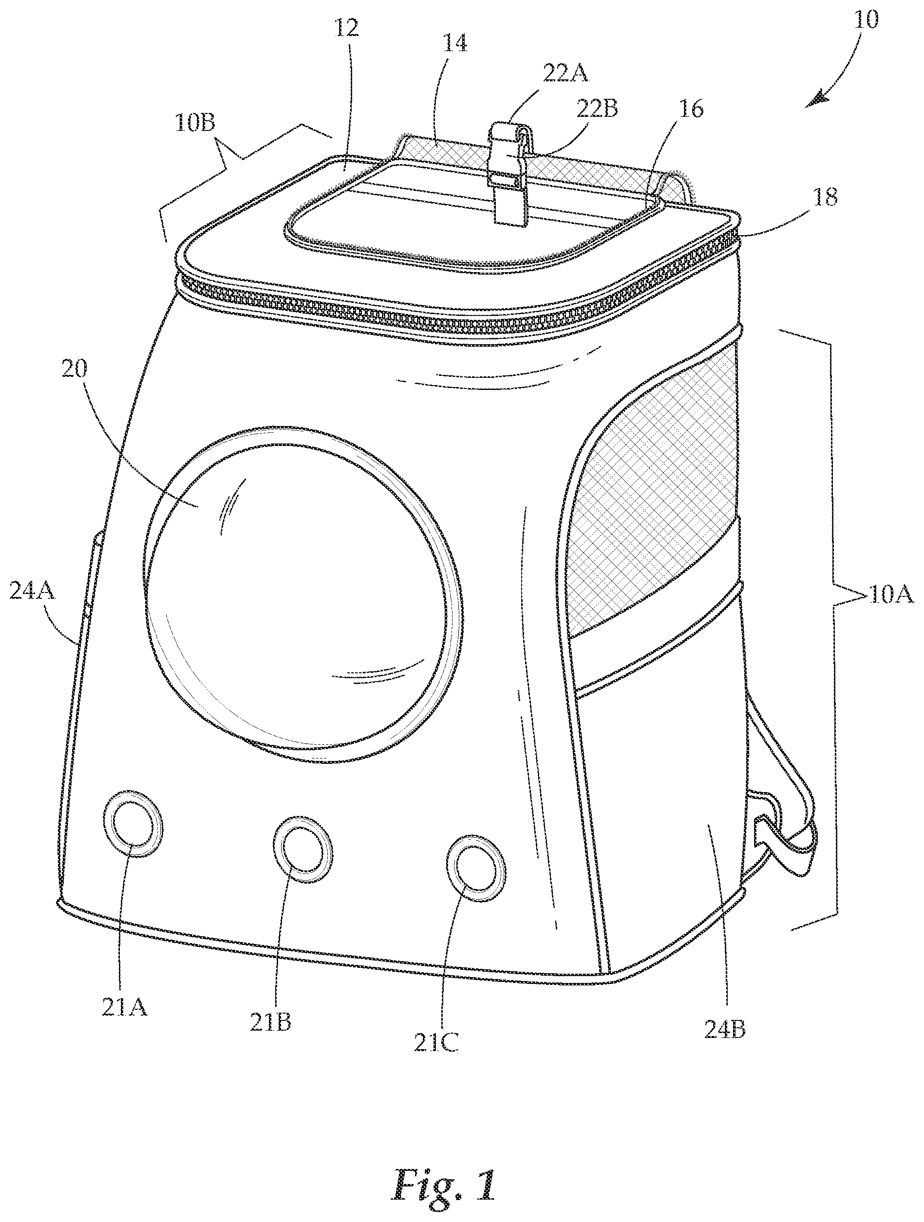 Patent US11812725 Figure 1 – Multipurpose animal transport system