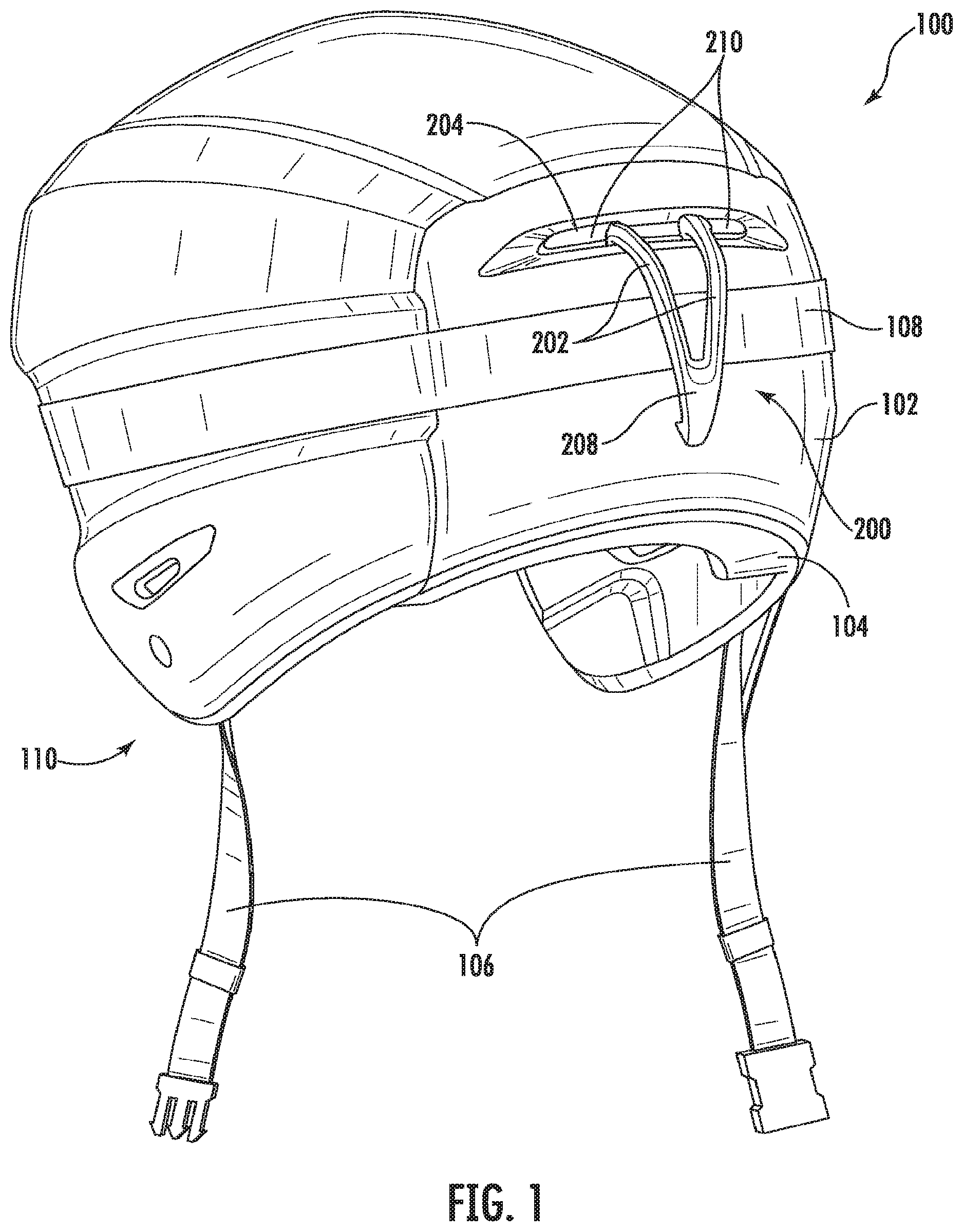 Patent US11812812 — Helmet goggle strap holder — Figure 1