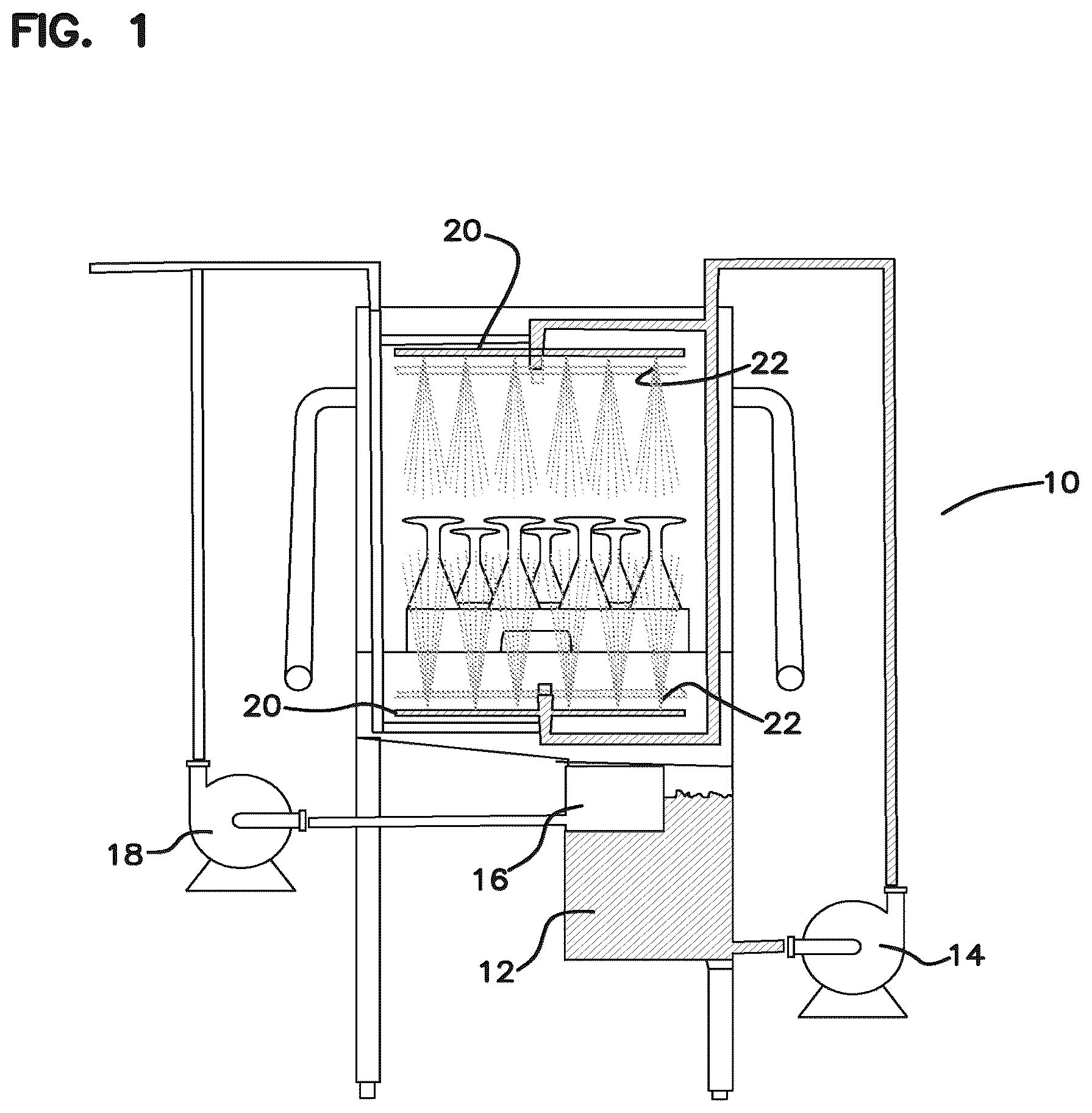 Patent US11812914 Figure 1 – Apparatus for separating chemistries in a door-type dishmachine