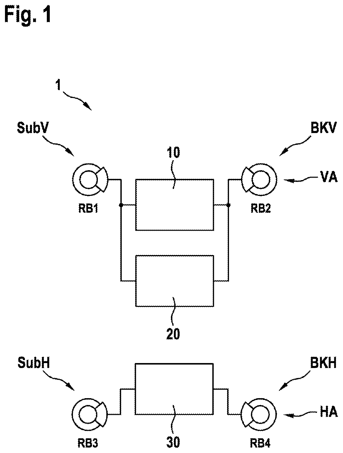 Patent US11814019 — Hydraulic braking system for a vehicle having at least two axles — Figure 1