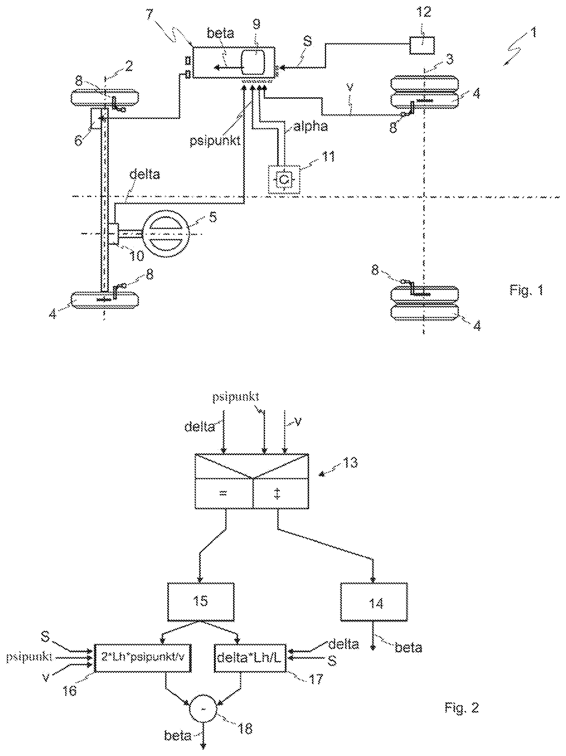 Patent US11814051 — Method for determining a side slip angle during cornering of a motor vehicle, driver assistance system for carrying out the method, and motor vehicle — Figure 1