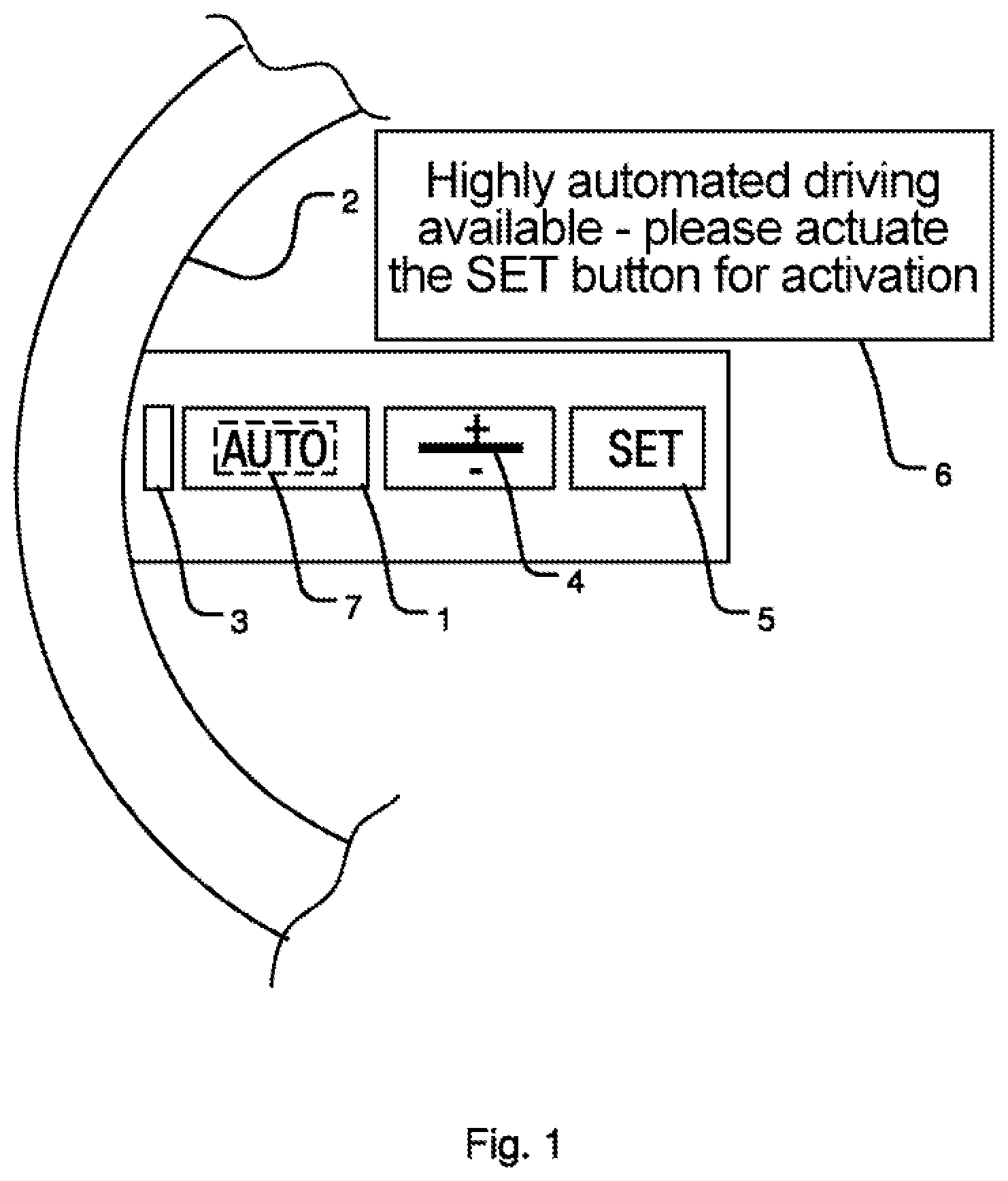 Patent US11814061 — Driving system with different driving functions for an automated drive and a common input component, and method for activating a driving function via the common input component — Figure 1