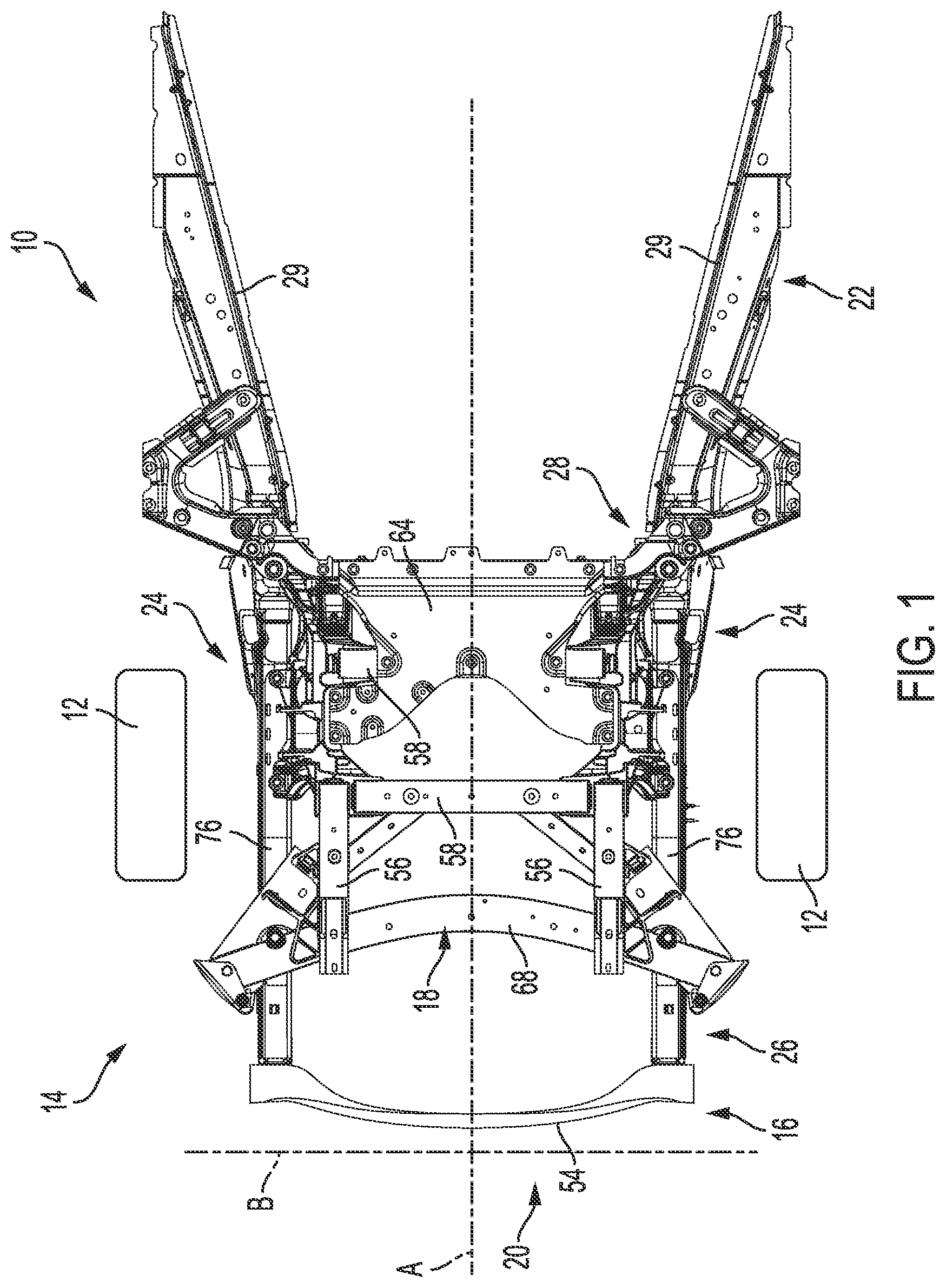 Patent US11814100 — Vehicle cradle assembly with impact detachment script — Figure 1