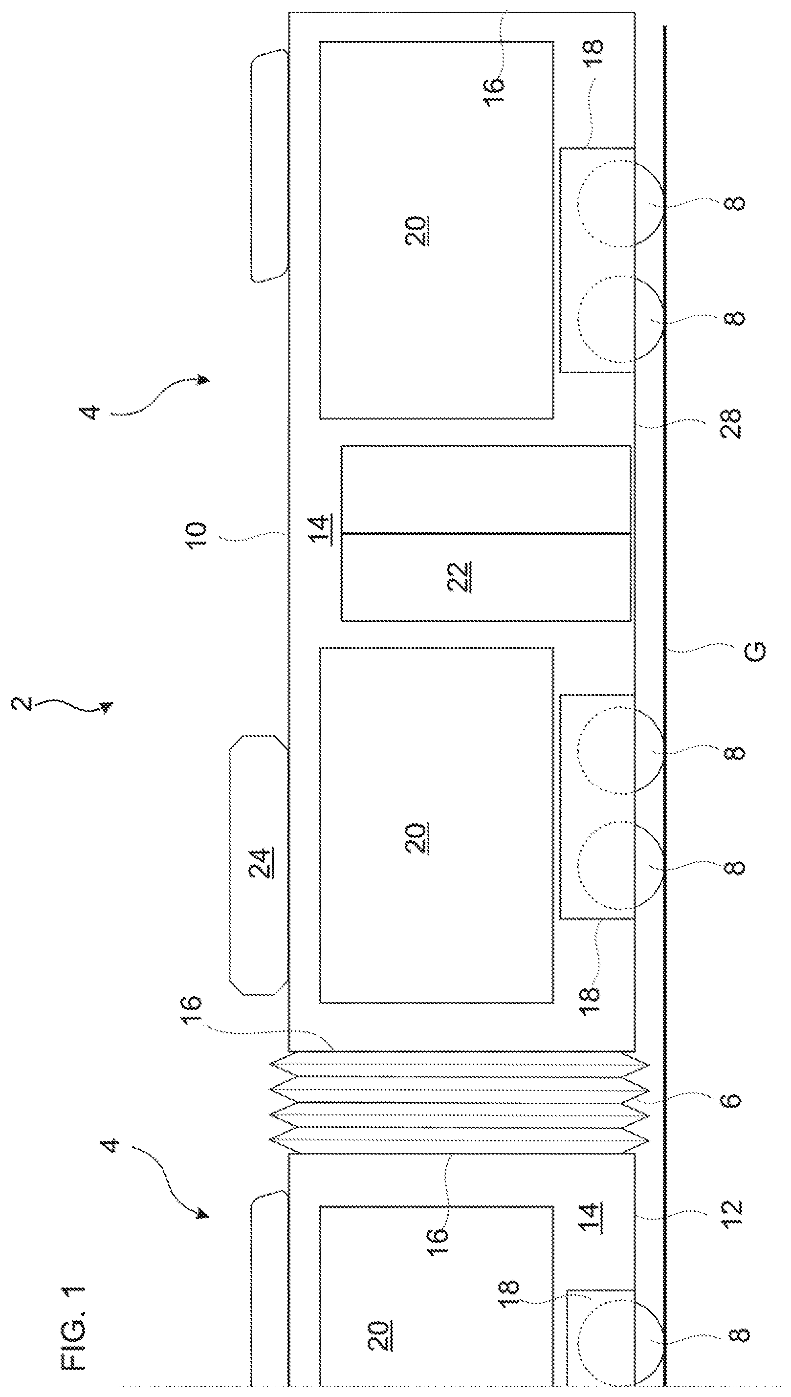 Patent US11814115 — Low platform bus with steering modules — Figure 1