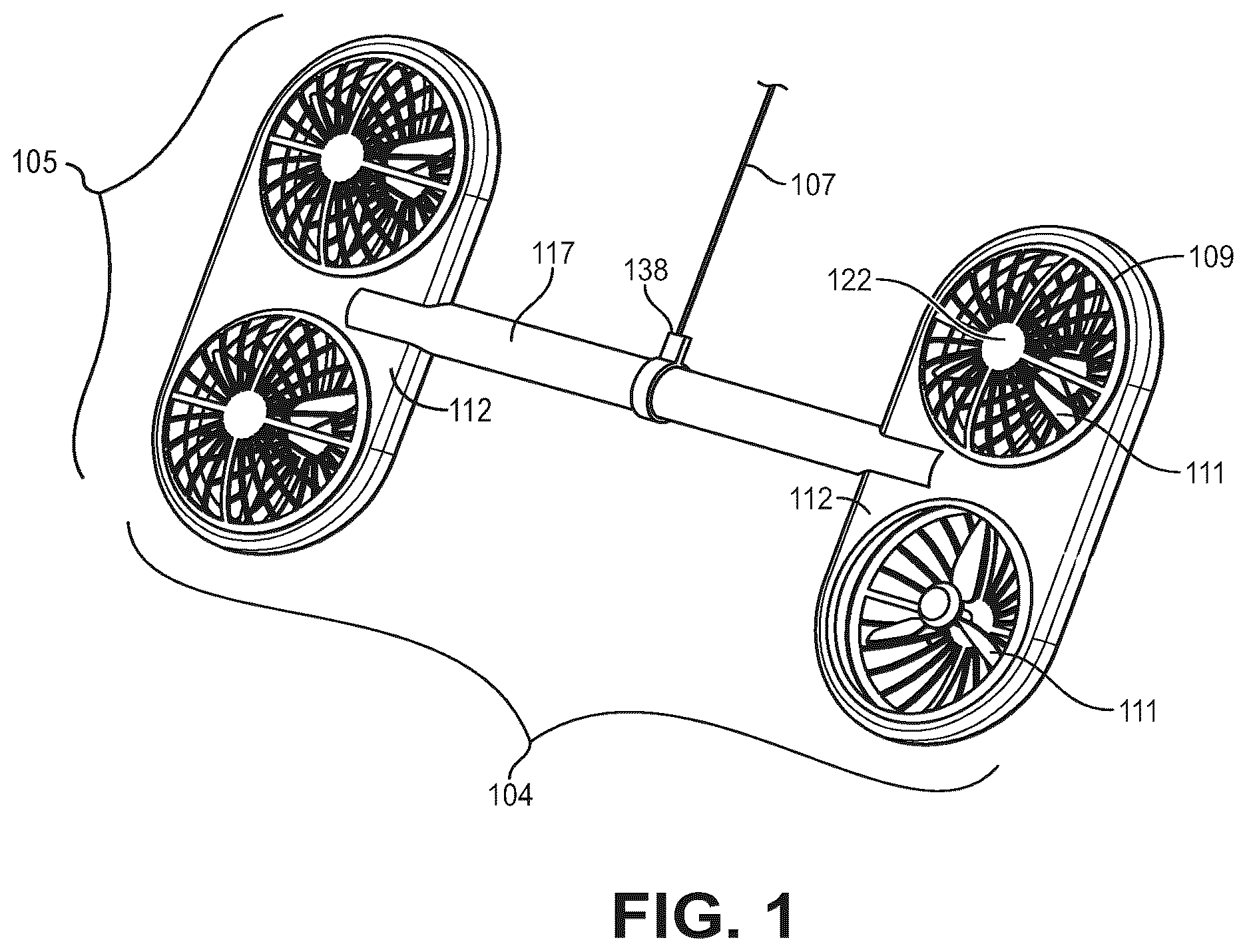 Patent US11814168 Figure 1 – Suspended aerial vehicle system with thruster stabilization