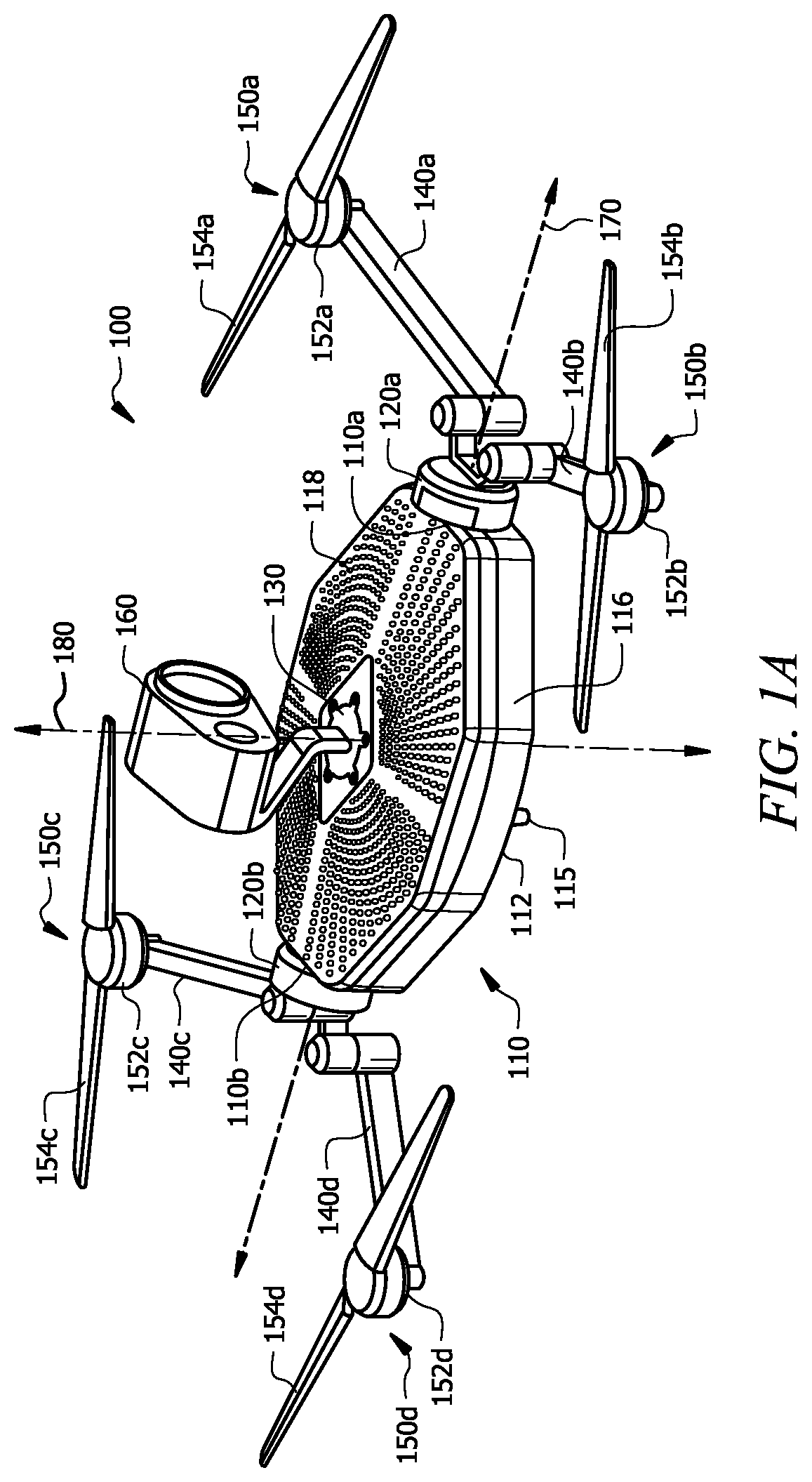 Patent US11814172 Figure 1 – Integrated convertible quadcopter with full field of regard