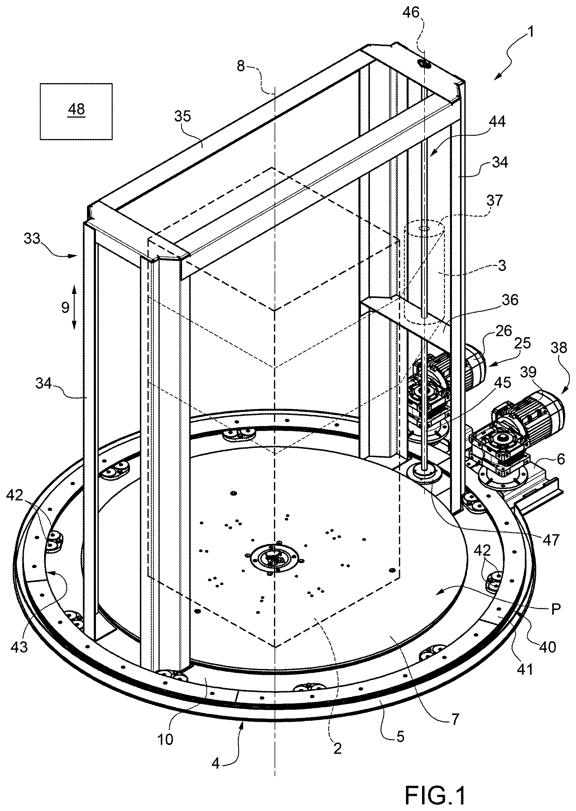 Patent US11814197 Figure 1 – Wrapping machine with a rotary platform