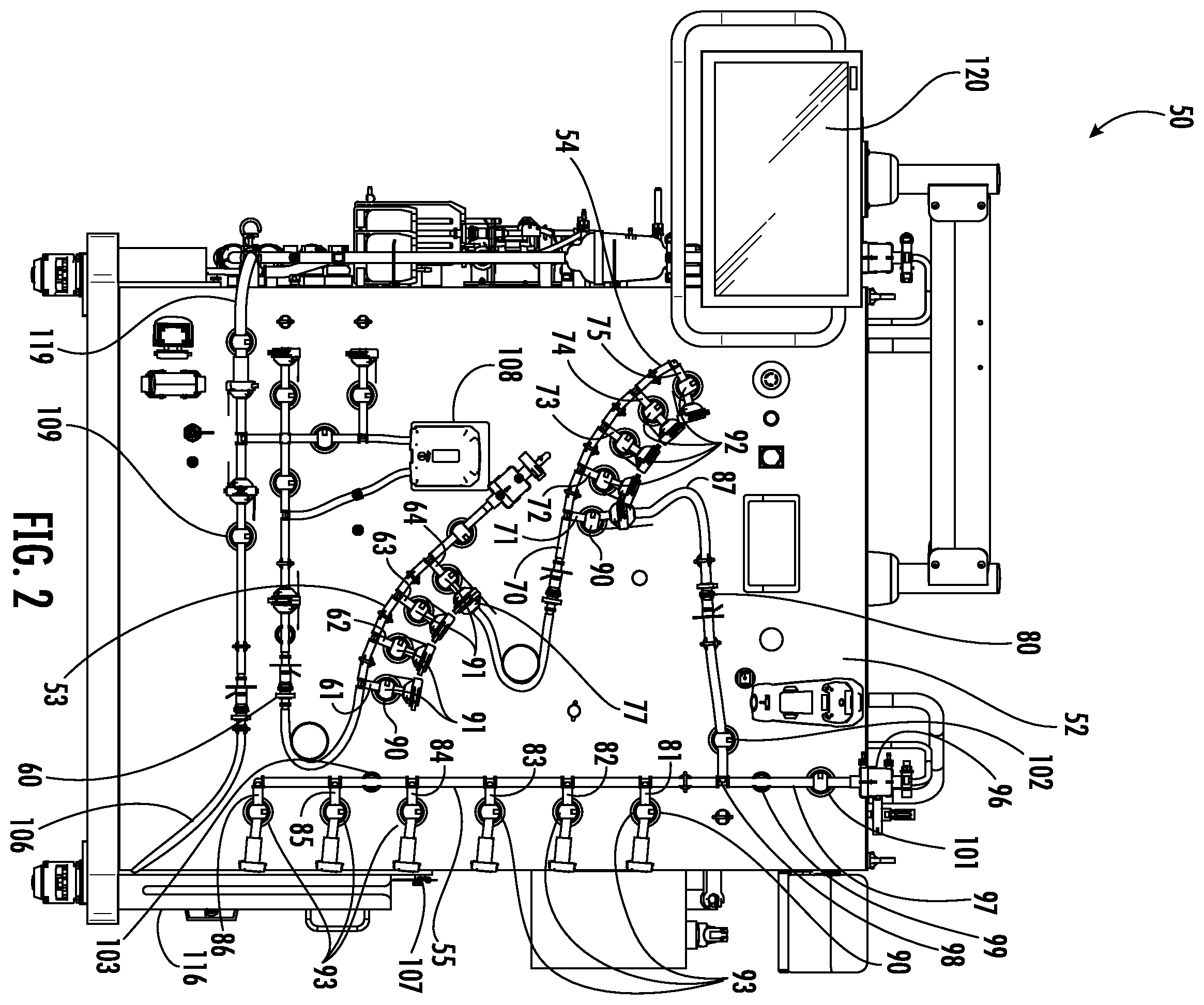 Patent US11814200 Figure 2 – Fluid distribution system with single use manifold assembly for scaled filling