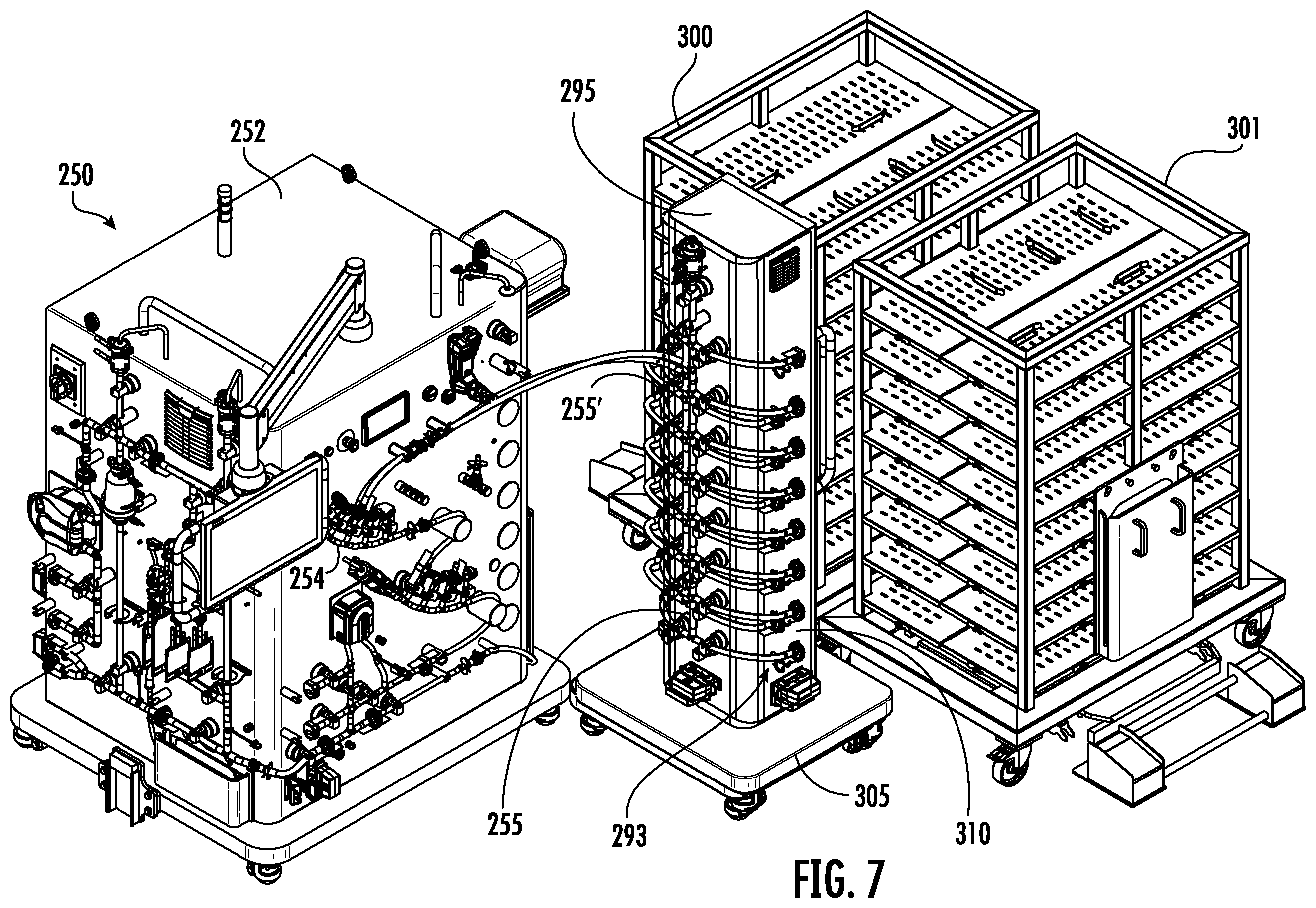 Patent US11814200 Figure 7 – Fluid distribution system with single use manifold assembly for scaled filling