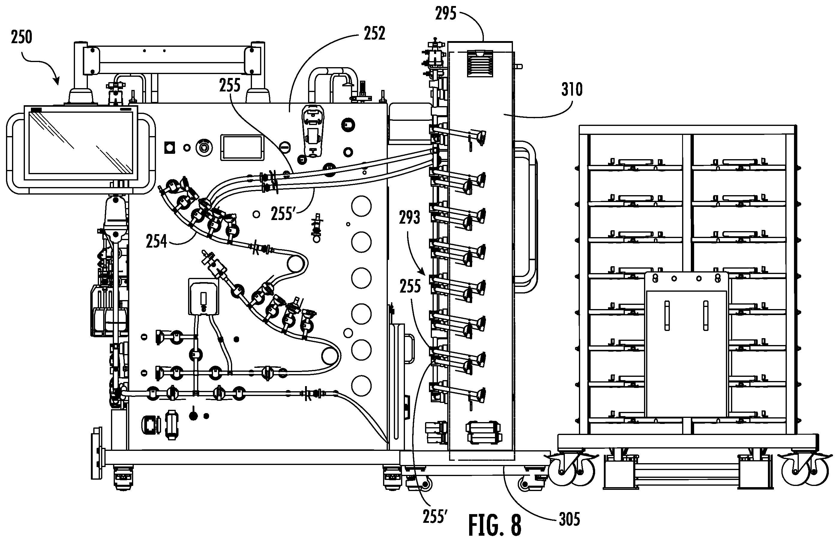 Patent US11814200 Figure 8 – Fluid distribution system with single use manifold assembly for scaled filling