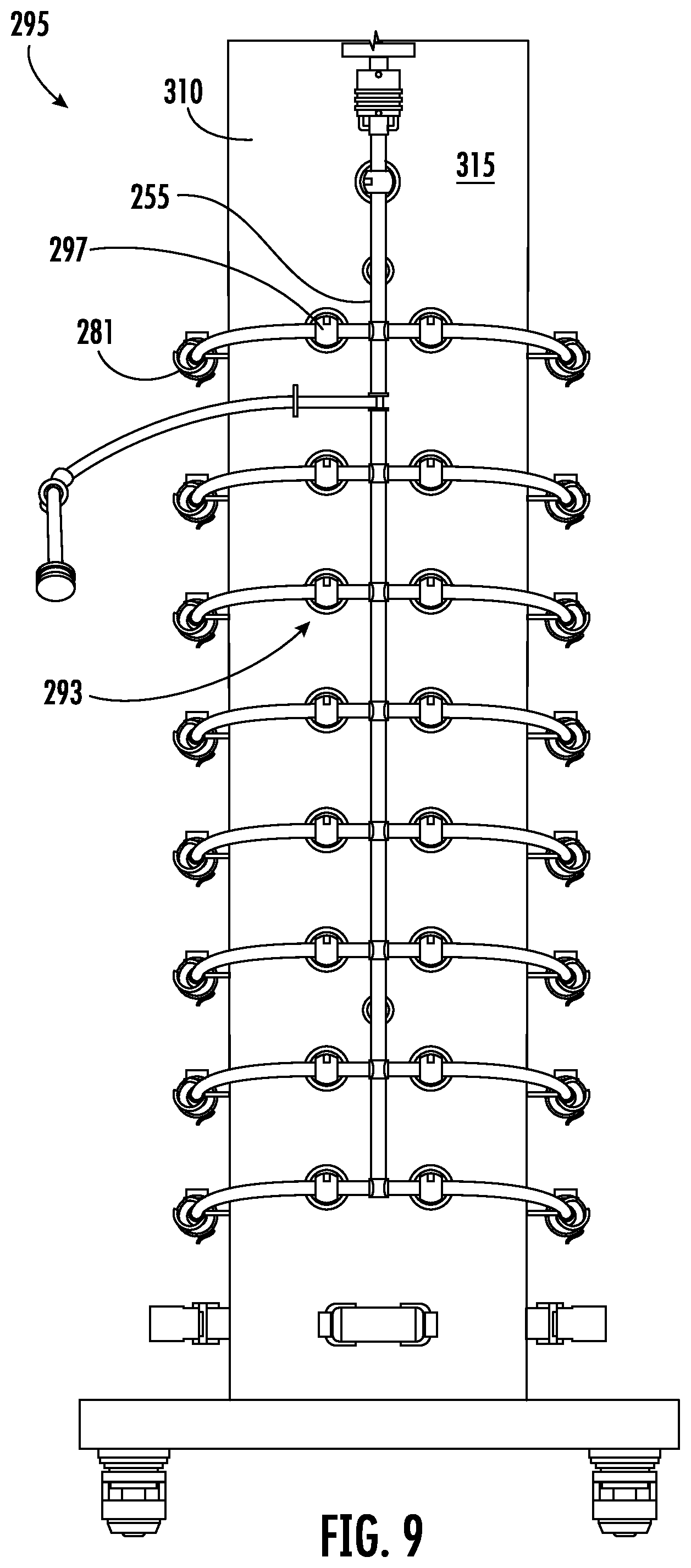 Patent US11814200 Figure 9 – Fluid distribution system with single use manifold assembly for scaled filling