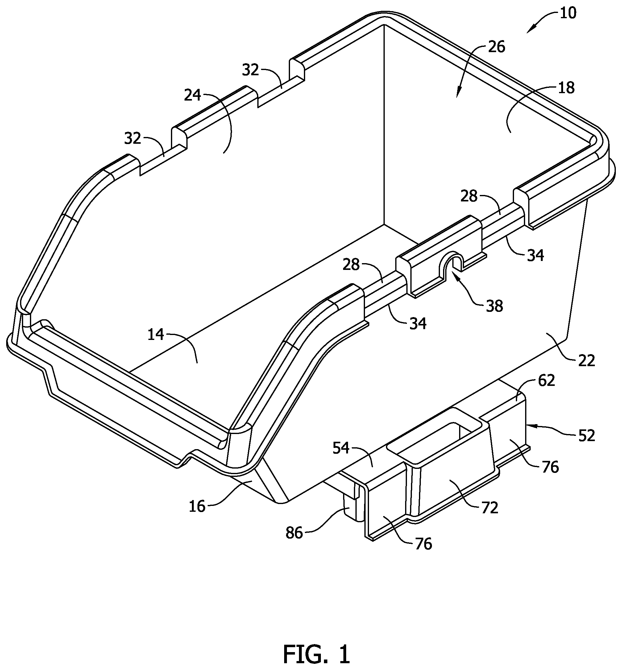 Patent US11814213 — Storage apparatus having stackable nested bins — Figure 1