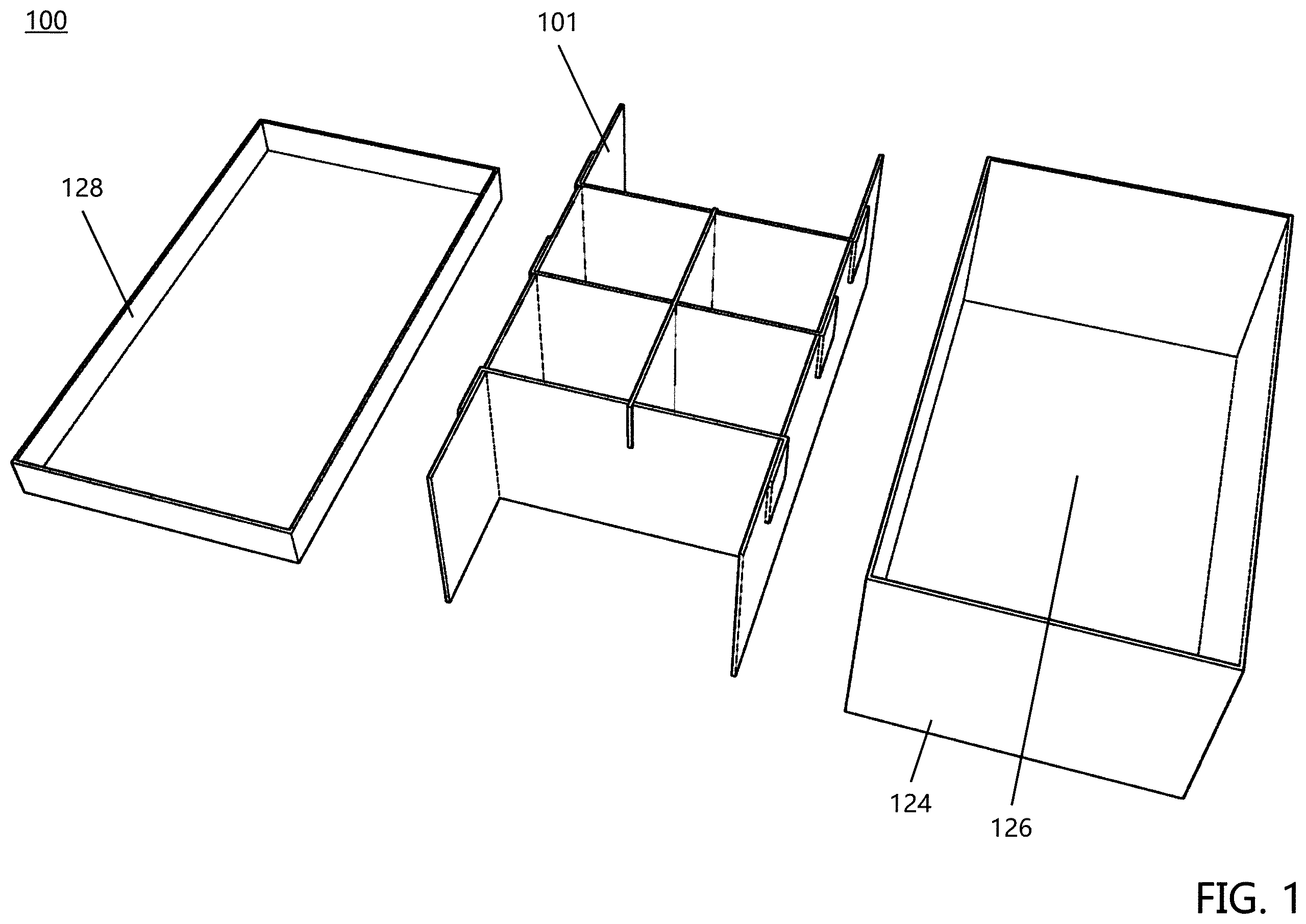 Patent US11814222 — Box divider system — Figure 1
