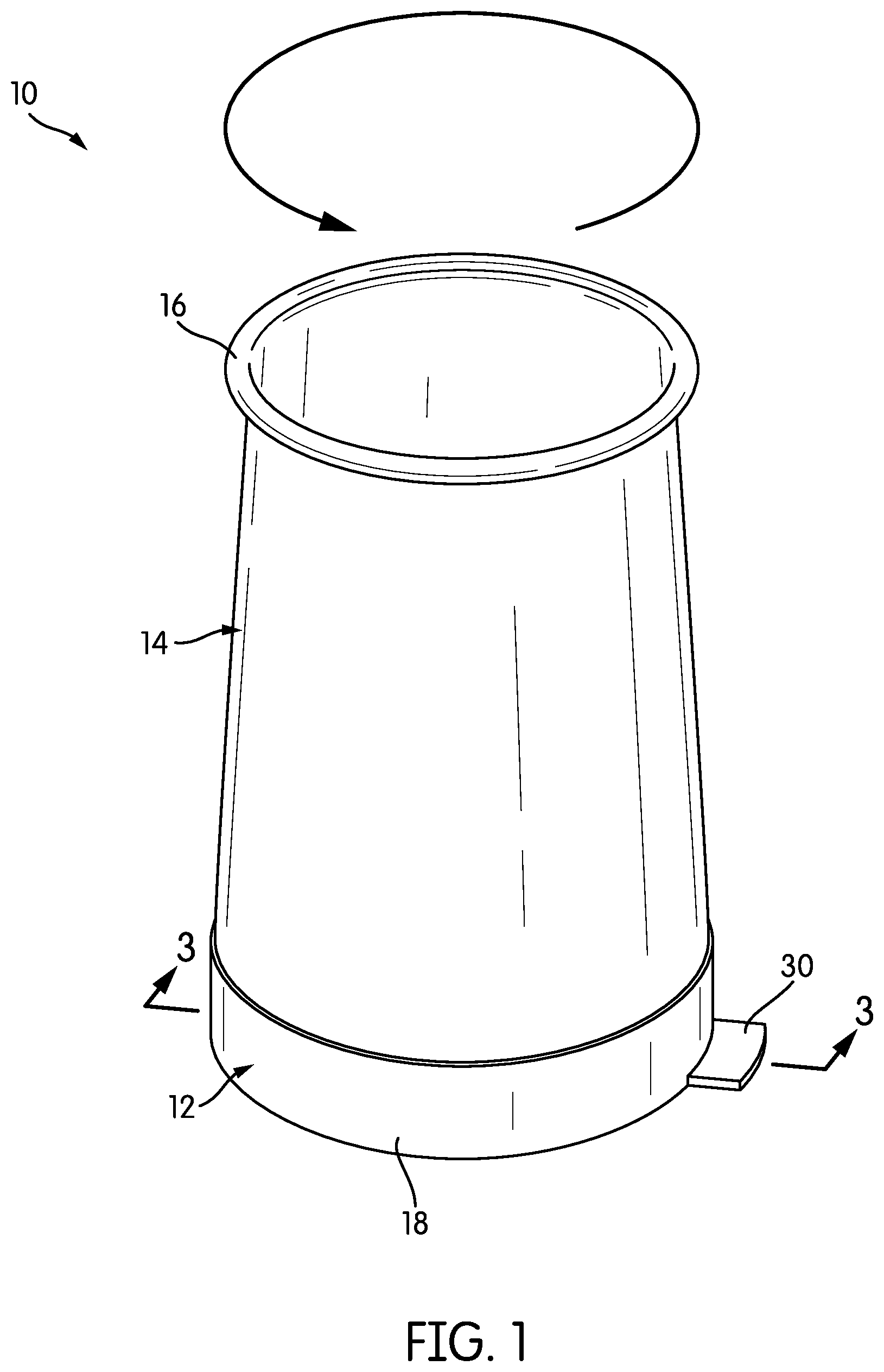 Patent US11814243 — Two-part garbage can with twist-on sidewall — Figure 1