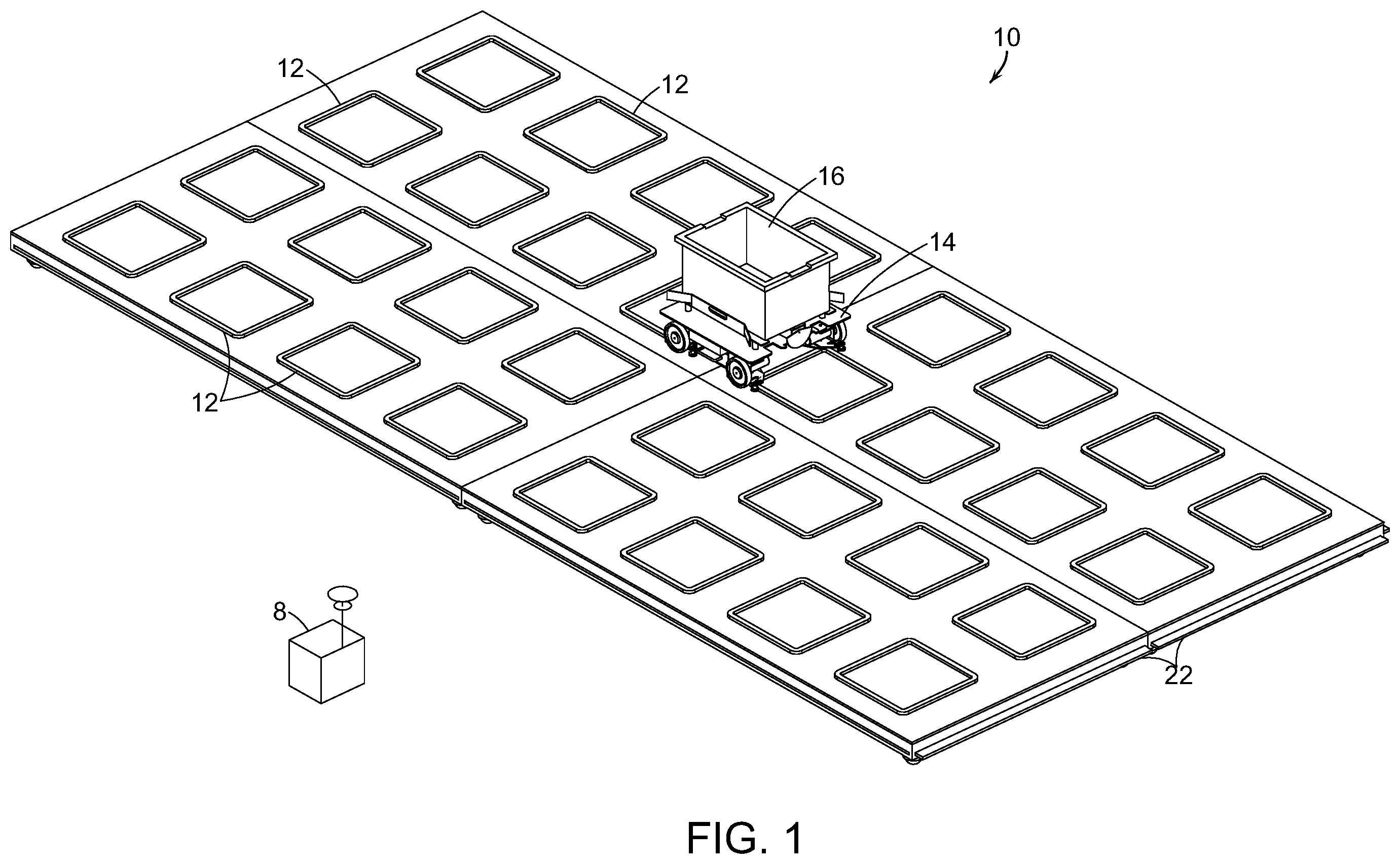 Patent US11814246 — Bin infeed and removal systems and methods for processing objects including mobile matrix carrier systems — Figure 1