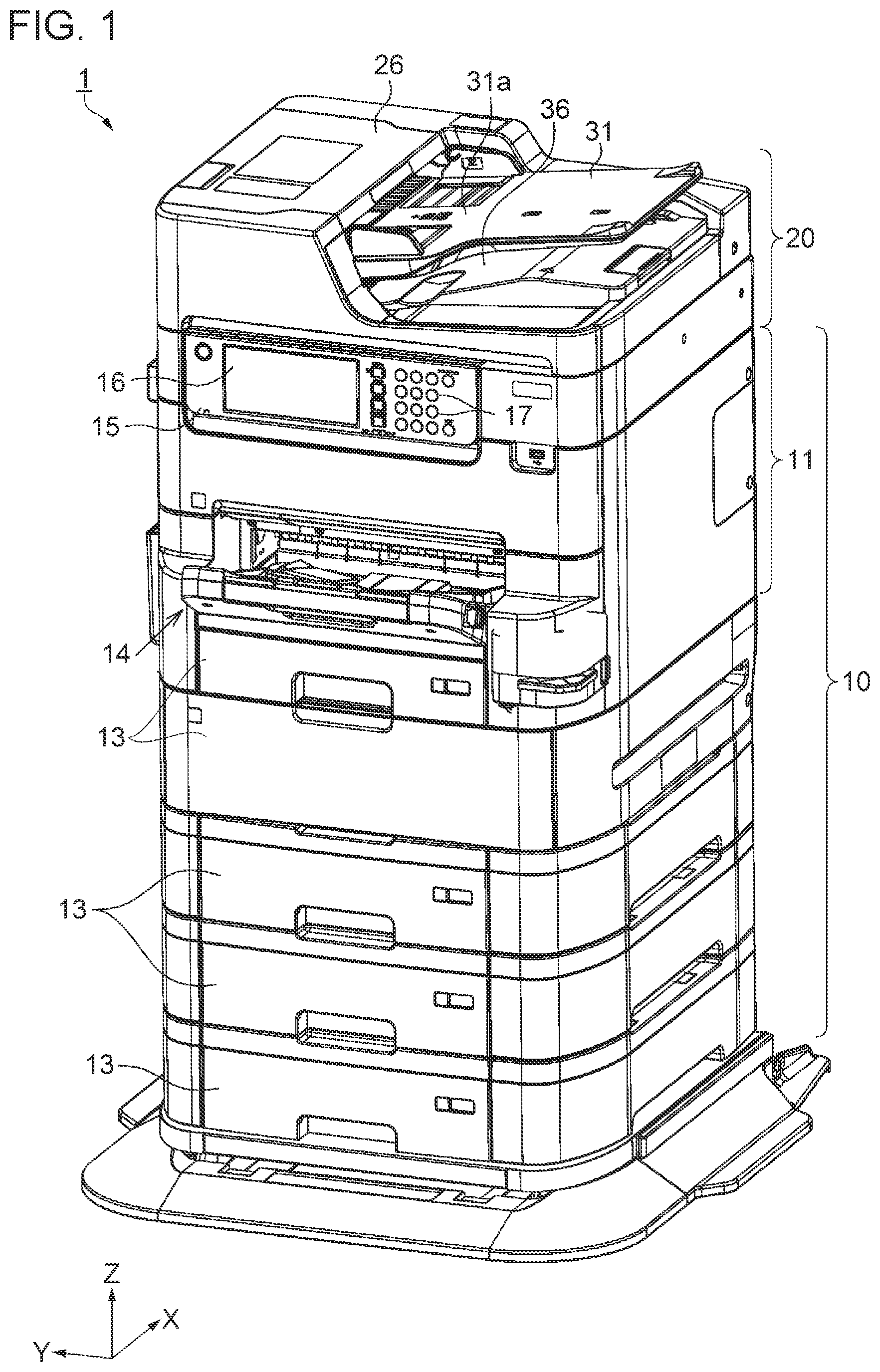 Patent US11814255 — Medium-transporting device and image reading apparatus — Figure 1